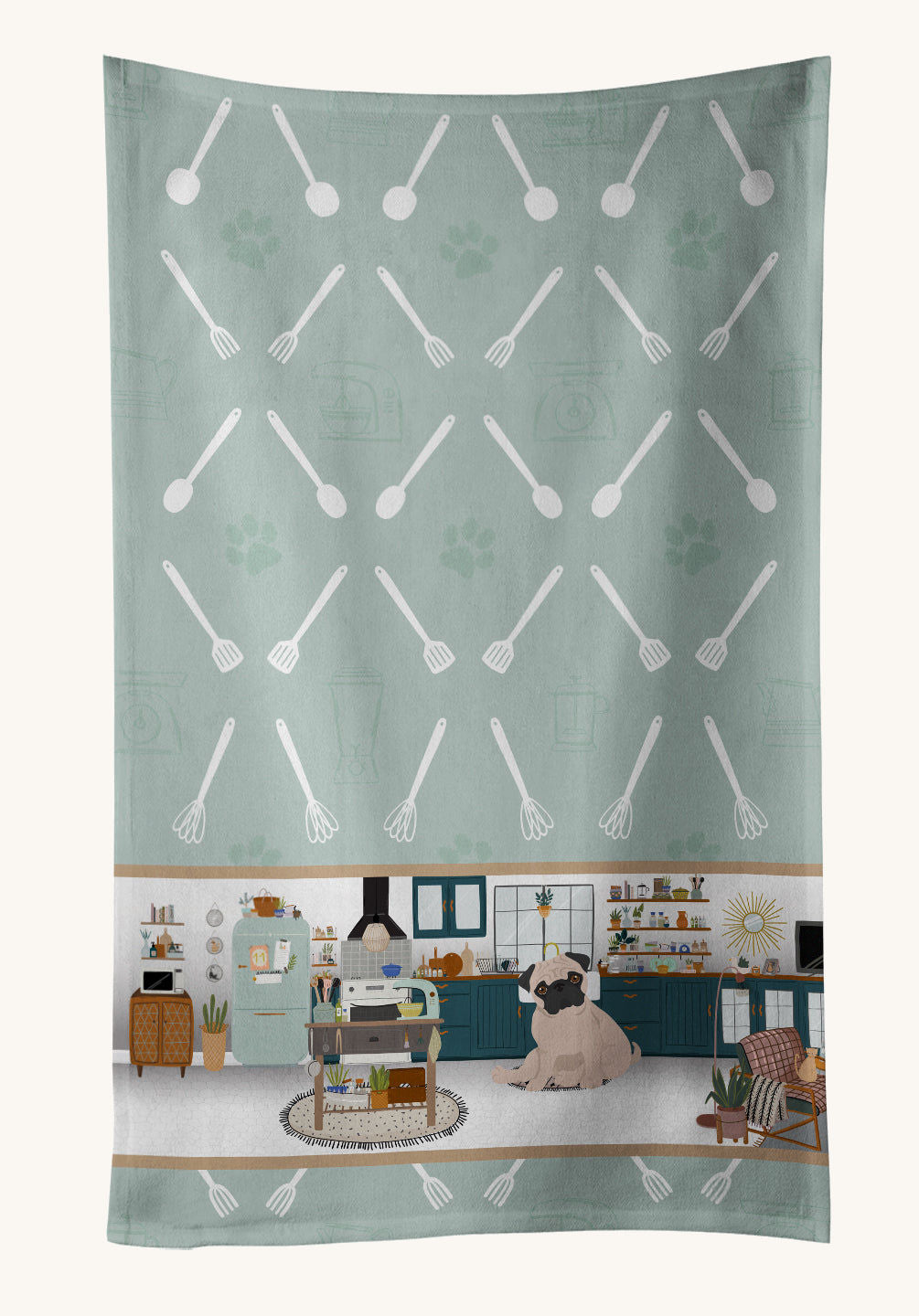 Hand-illustrated Fawn Pug in the Kitchen Towel