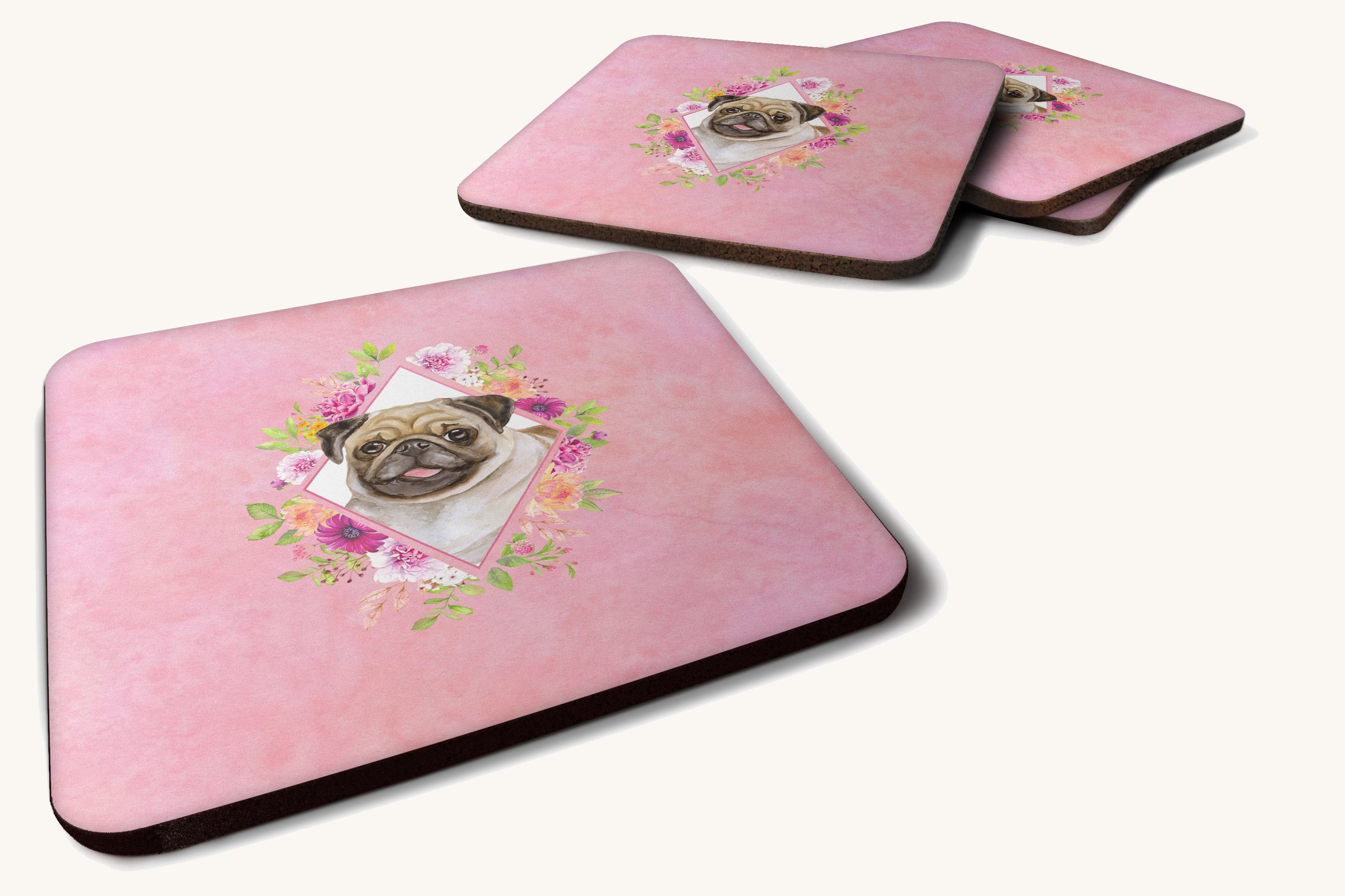 Hand-illustrated Fawn Pug Pink Flowers Foam Coaster Set