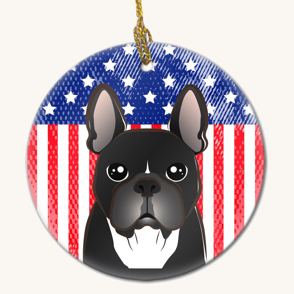 Hand-illustrated French Bulldog American Flag Ceramic Ornament