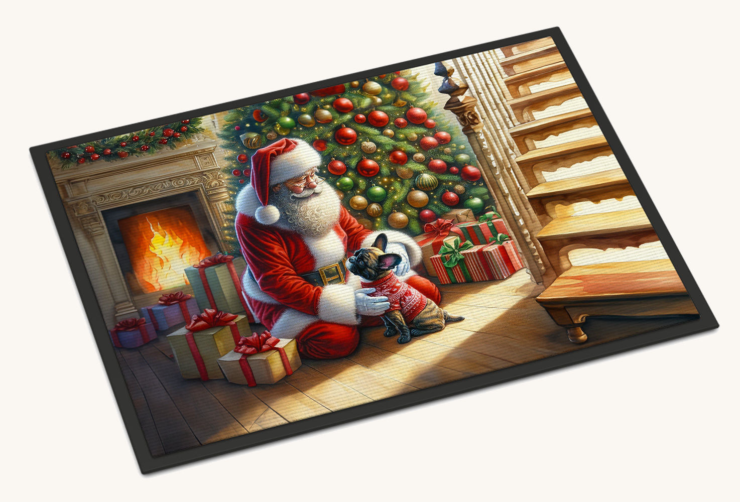 Hand-illustrated French Bulldog and Santa Claus Doormat