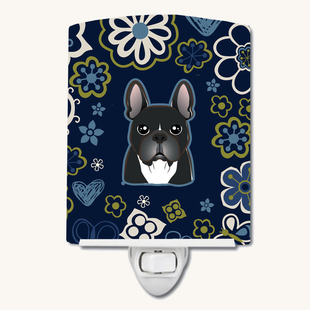 Hand-illustrated French Bulldog Blue Flowers Ceramic Night Light