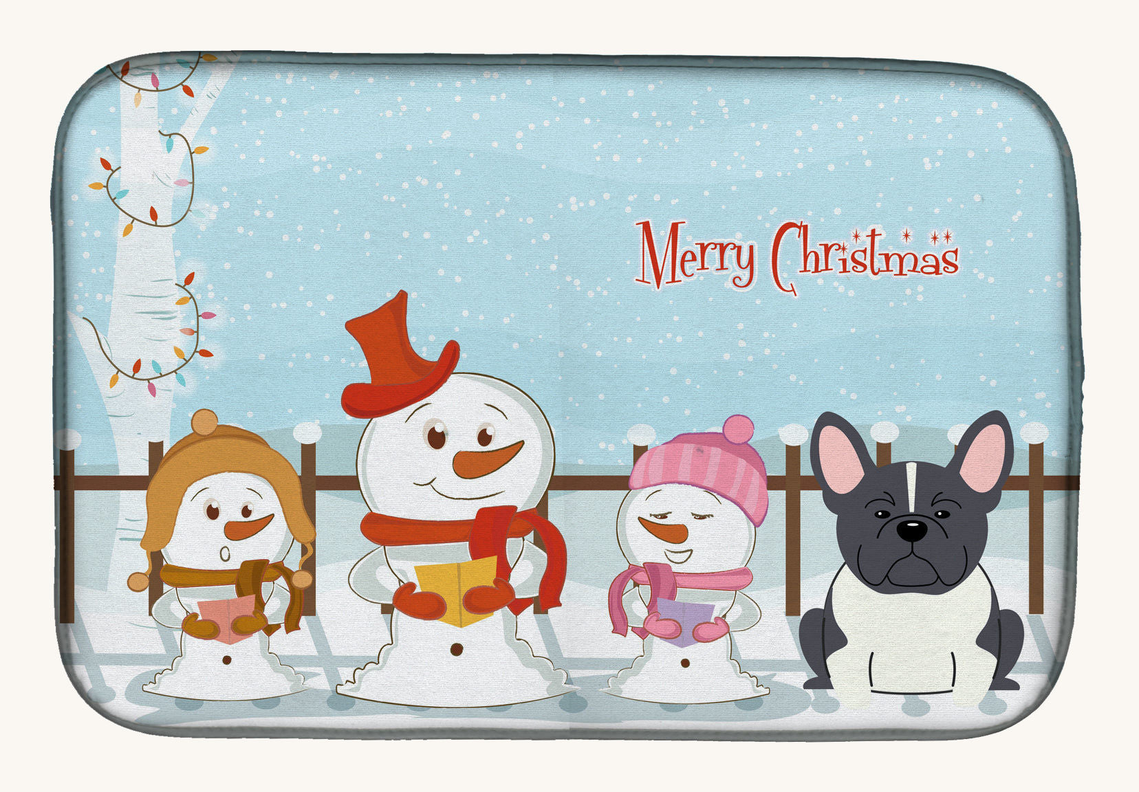 Hand-illustrated French Bulldog Christmas Carolers Dish Drying Mat