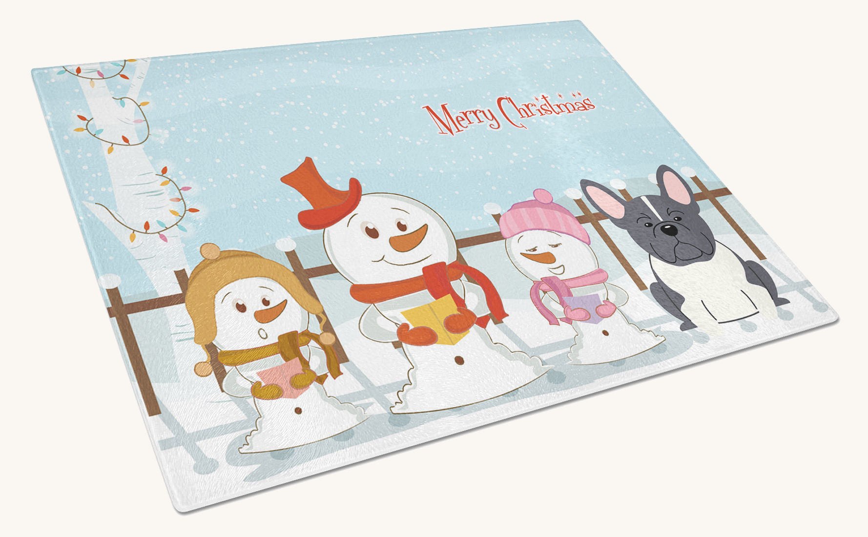 Hand-illustrated French Bulldog Christmas Carolers Glass Cutting Board