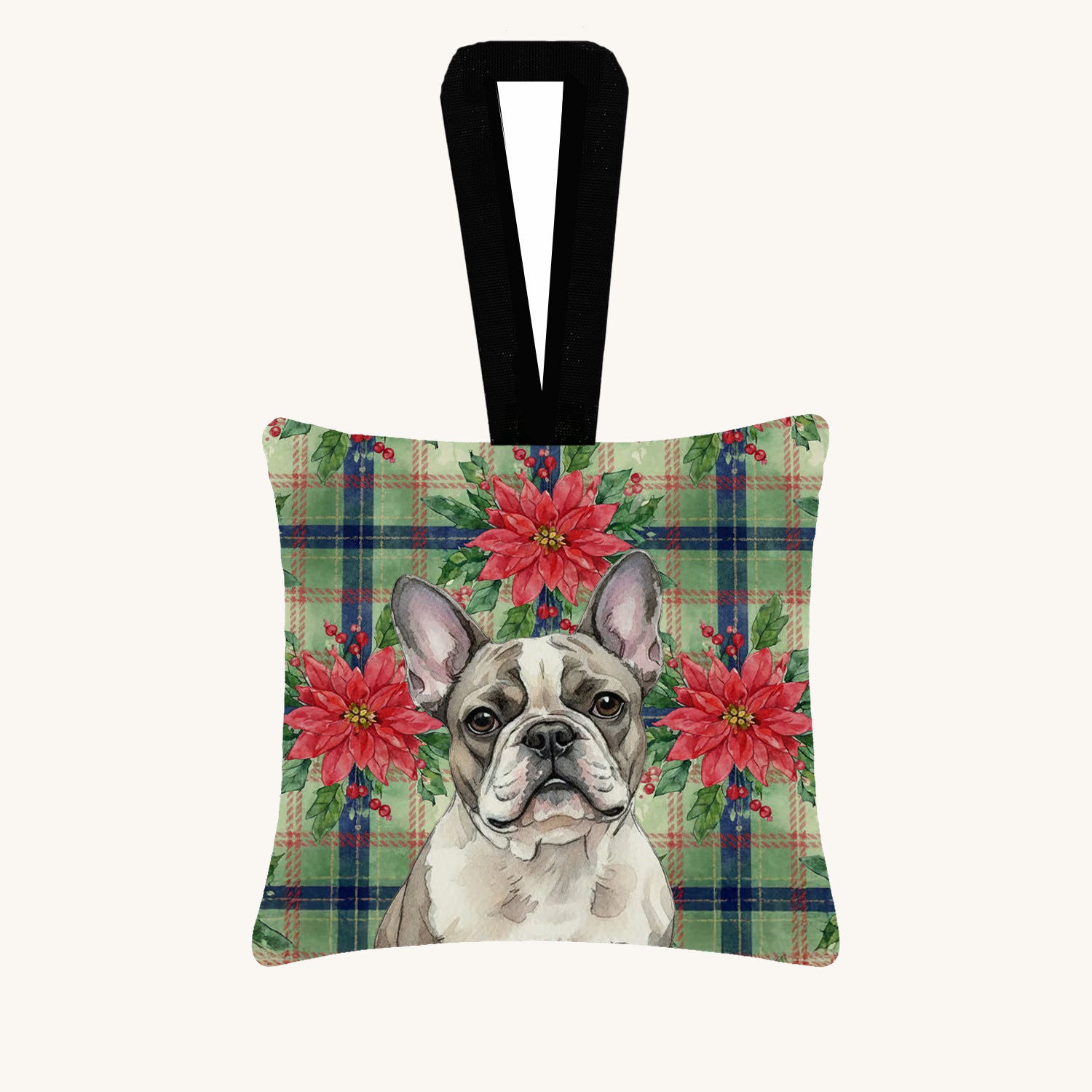 Hand-illustrated French Bulldog Christmas Poinsettias Fabric Ornament
