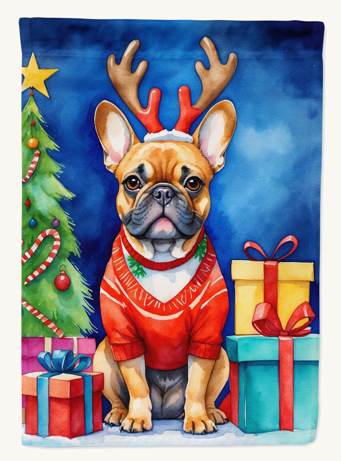 Hand-illustrated French Bulldog Christmas Reindeer House Flag