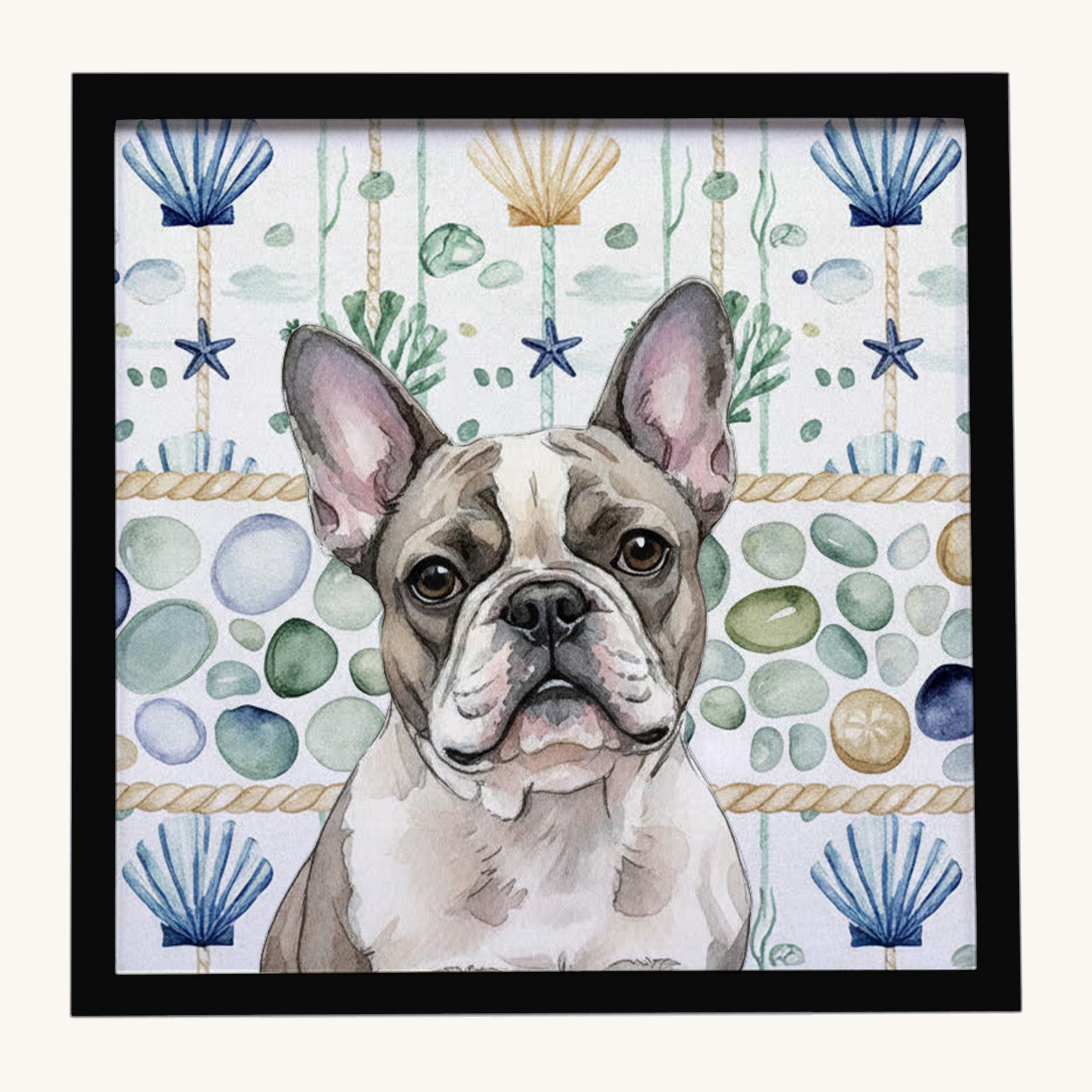 Hand-illustrated French Bulldog Coastal Sea Glass Framed Metal Print