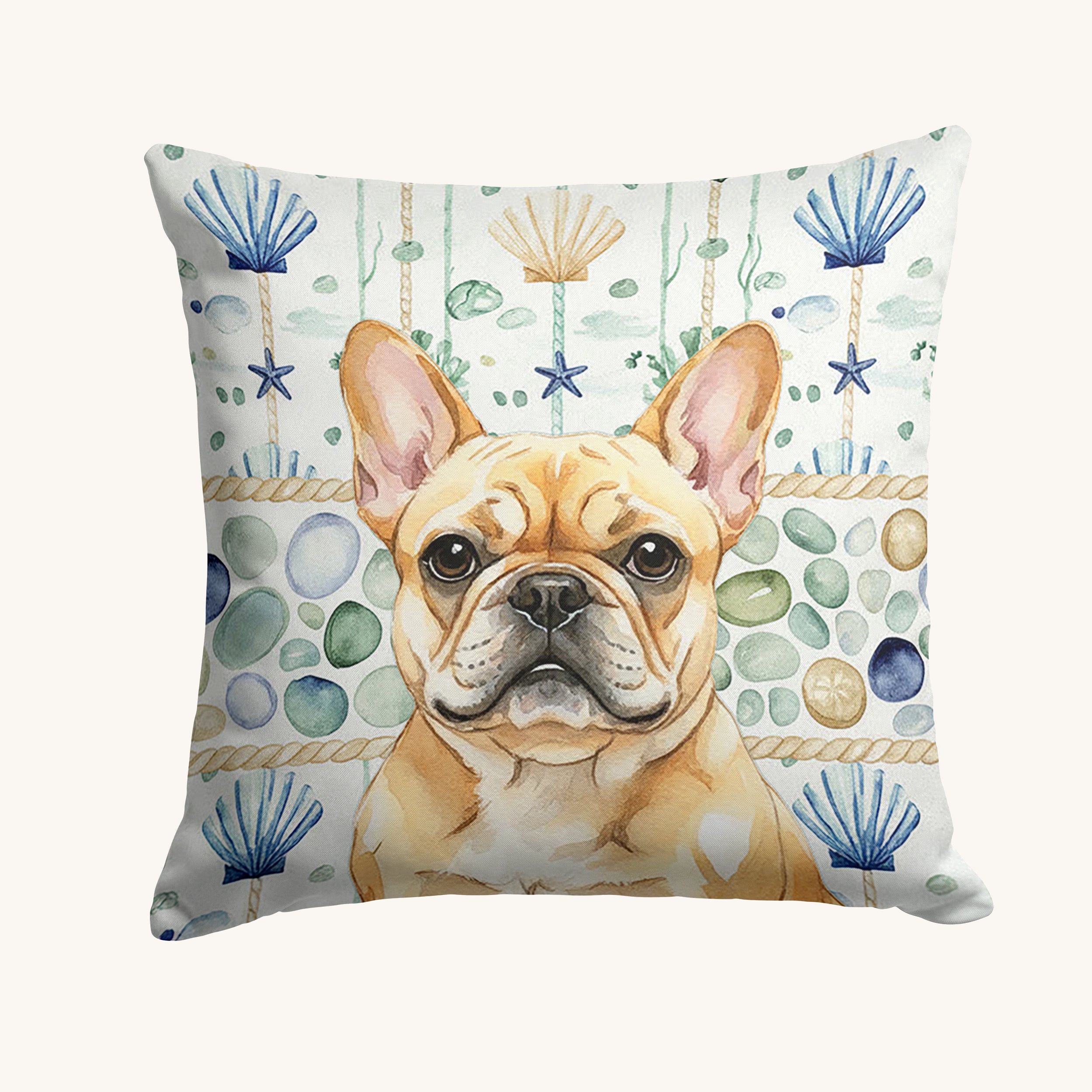 Hand-illustrated French Bulldog Coastal Sea Glass Throw Pillow