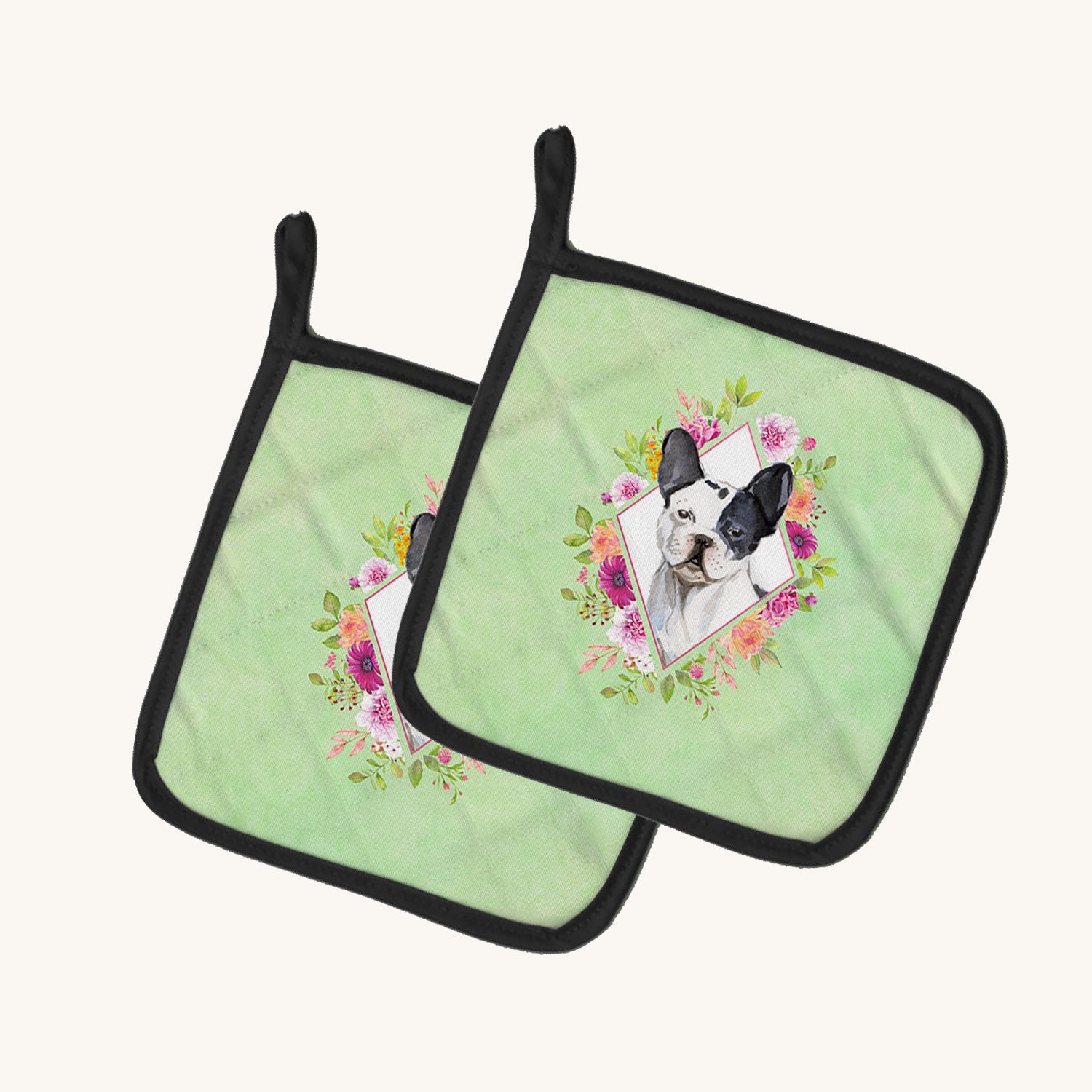 Hand-illustrated French Bulldog Green Flowers Pot Holder Set