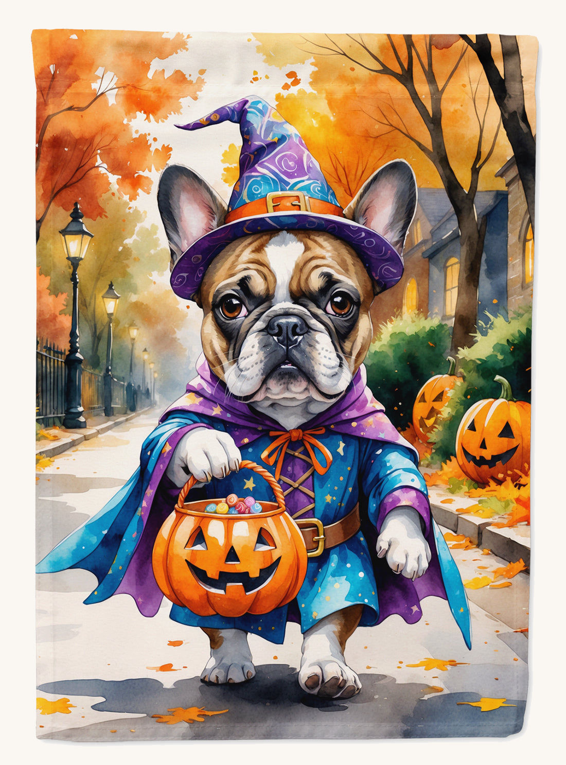 Hand-illustrated French Bulldog Halloween Trick or Treat Garden Flag