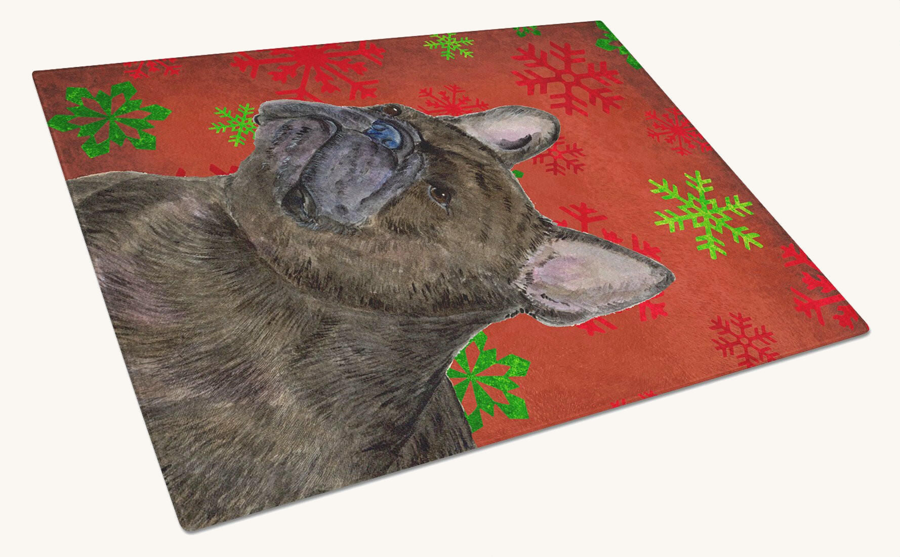 Hand-illustrated French Bulldog Holiday Snowflakes Glass Cutting Board