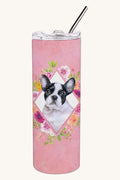 Hand-illustrated French Bulldog Pink Flowers Skinny Tumbler