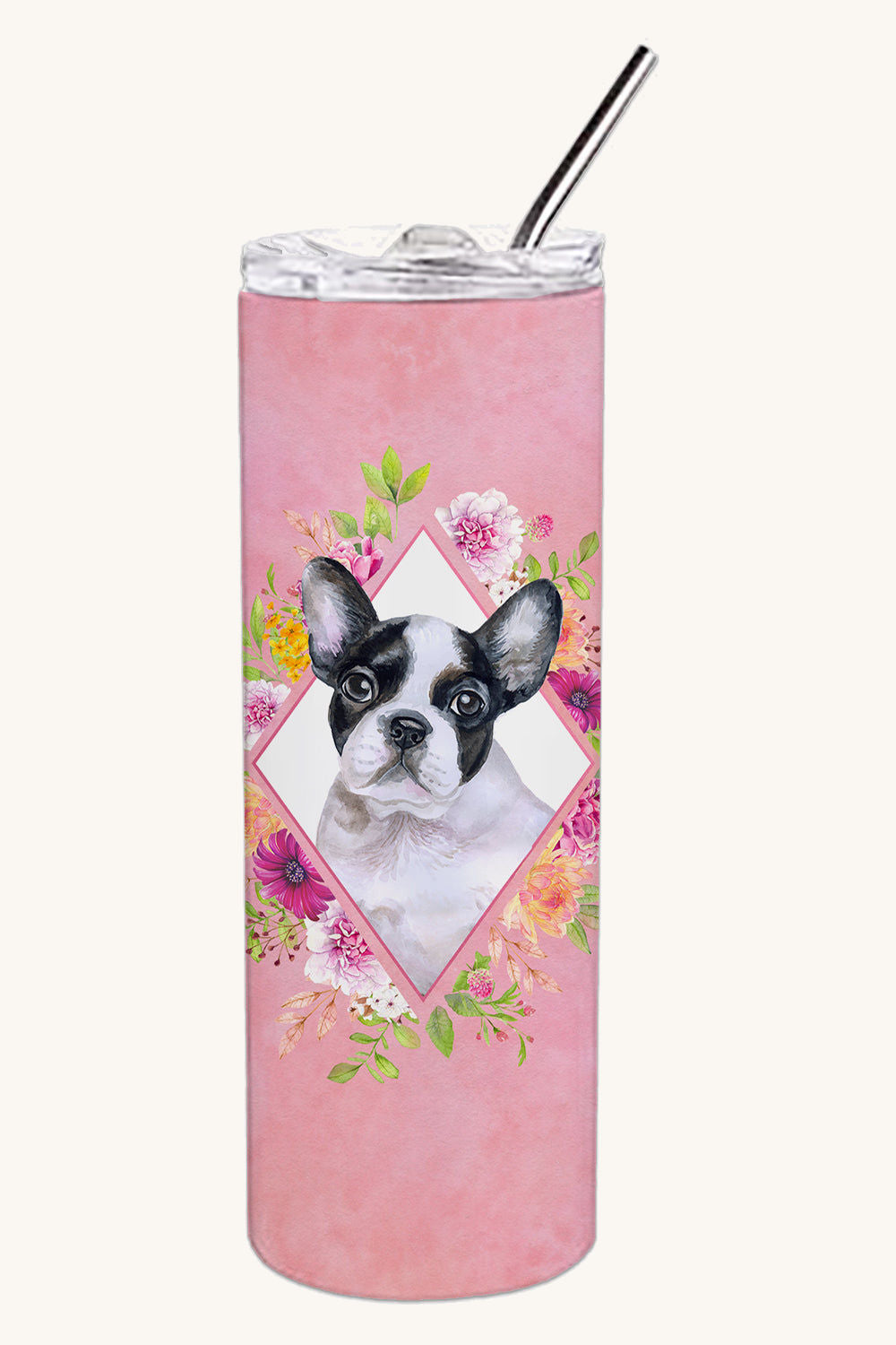 Hand-illustrated French Bulldog Pink Flowers Skinny Tumbler