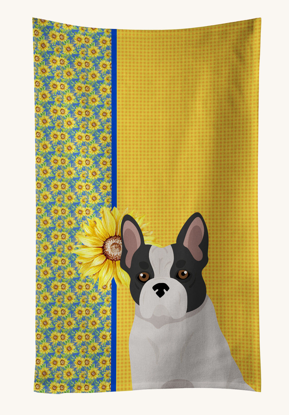 Hand-illustrated French Bulldog Summer Sunflowers Kitchen Towel