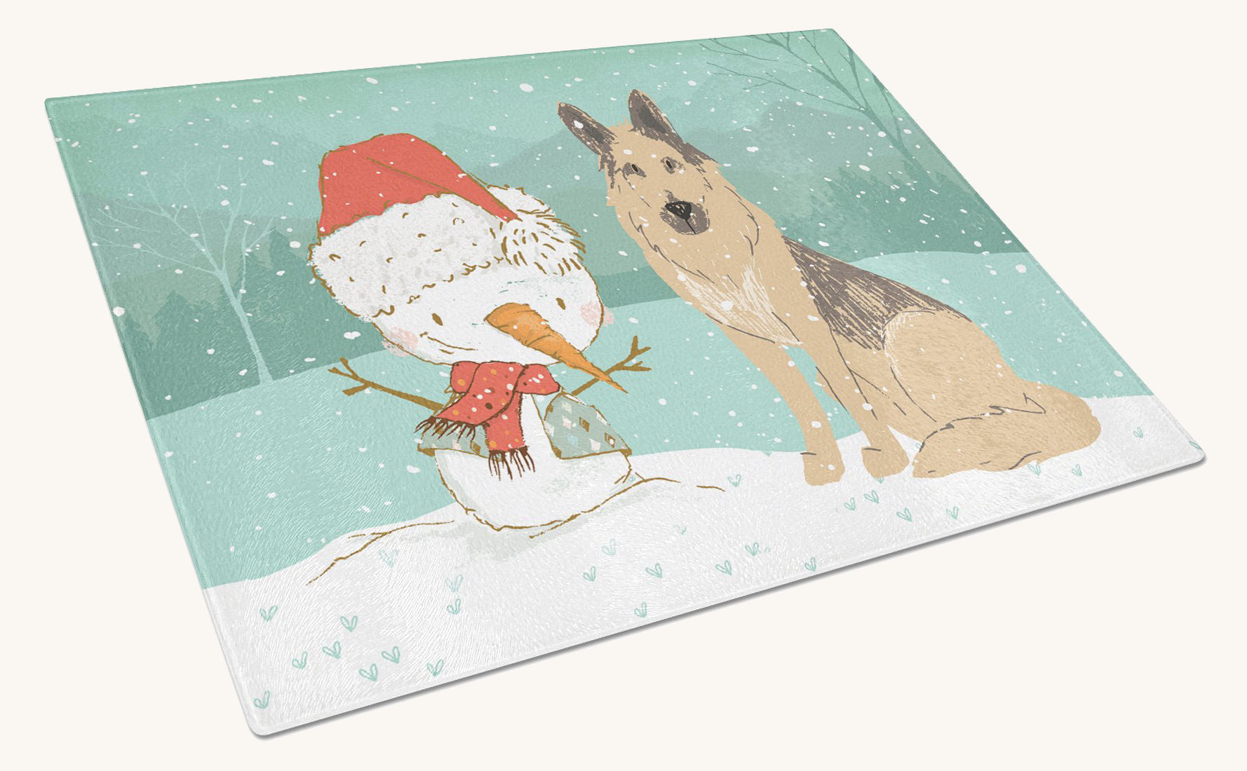 Hand-illustrated German Shepherd and Snowman Christmas Glass Cutting Board