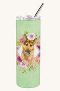 Hand-illustrated German Shepherd Green Flowers Stainless Steel Tumbler