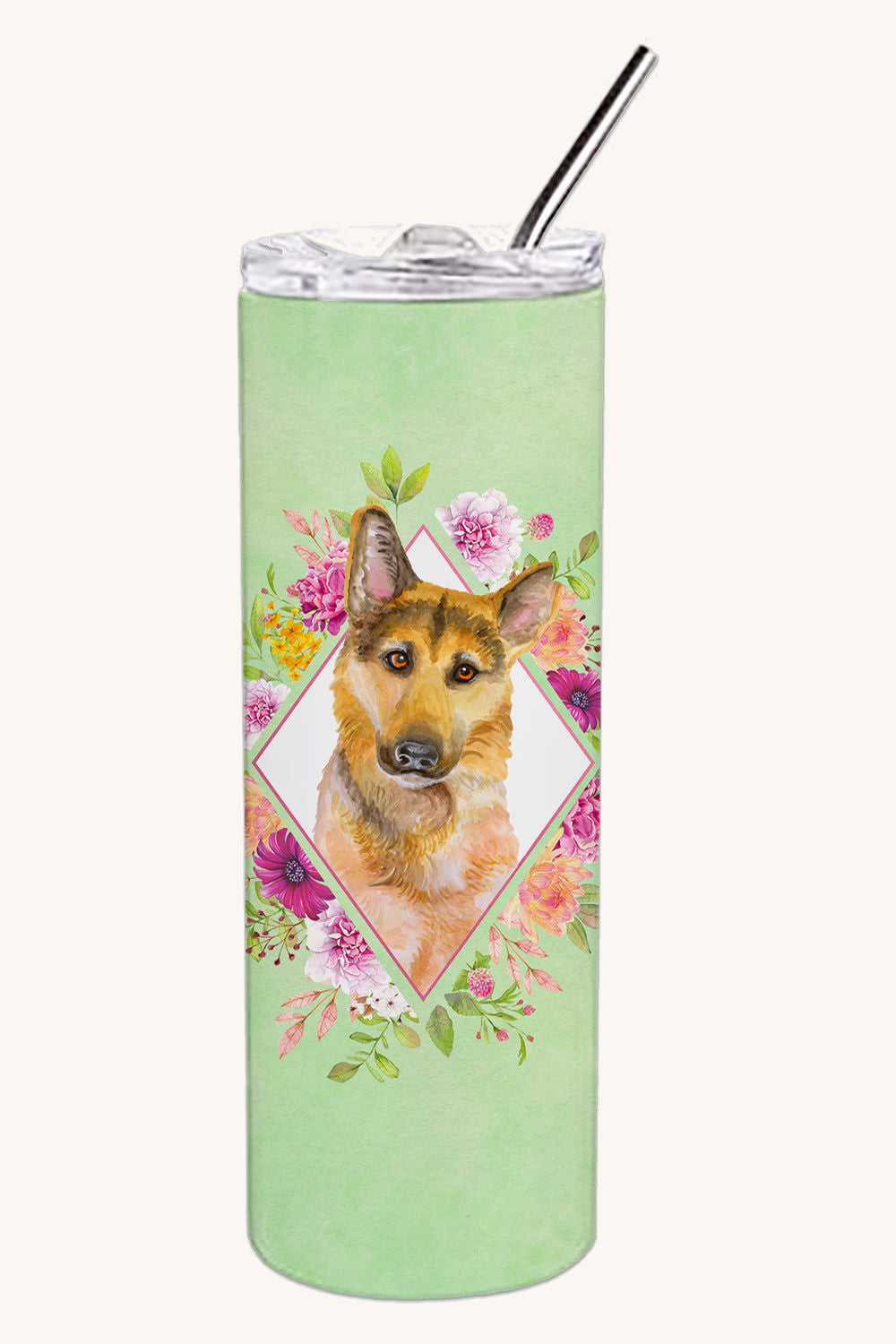 Hand-illustrated German Shepherd Green Flowers Stainless Steel Tumbler