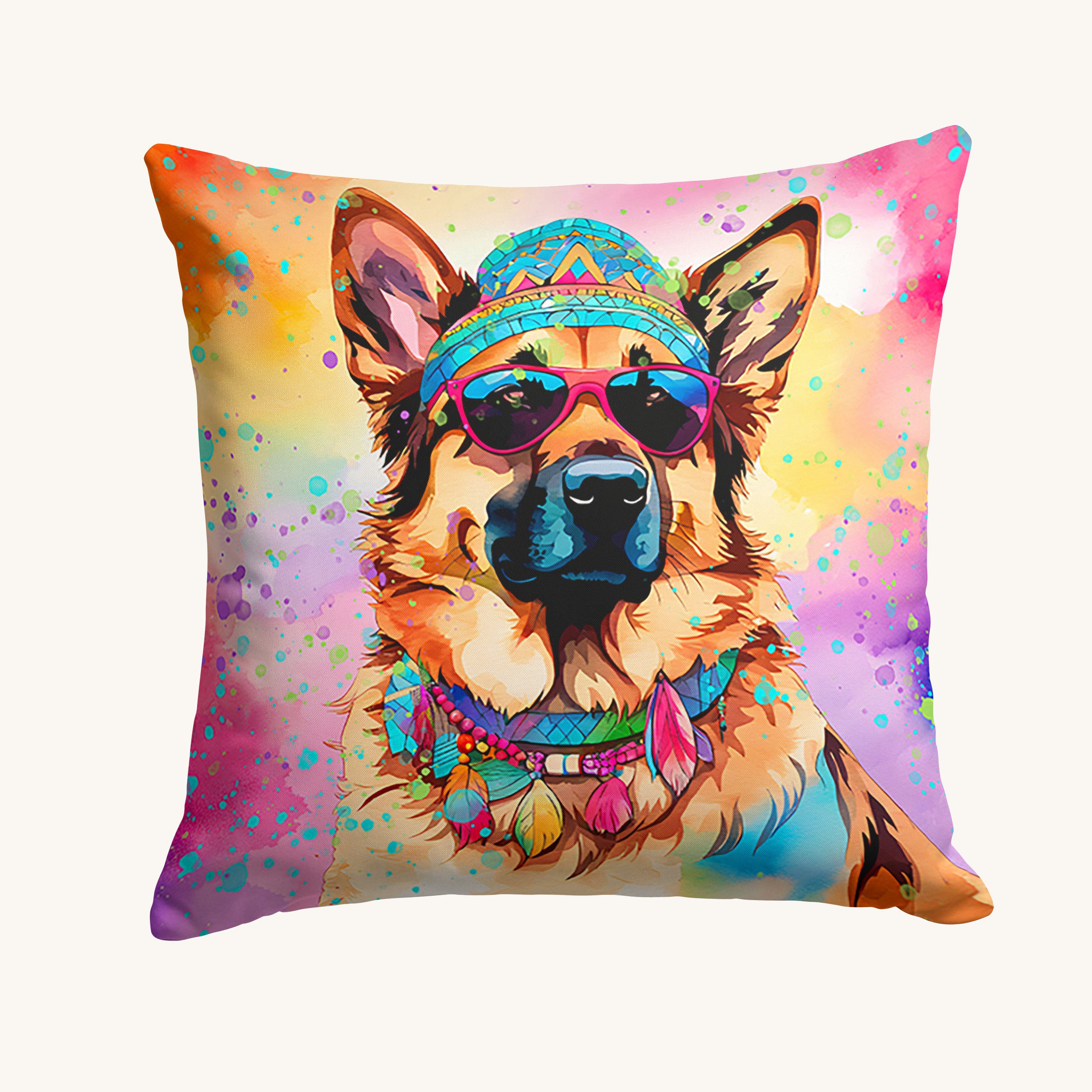 Hand-illustrated German Shepherd Hippie Dawg Throw Pillow