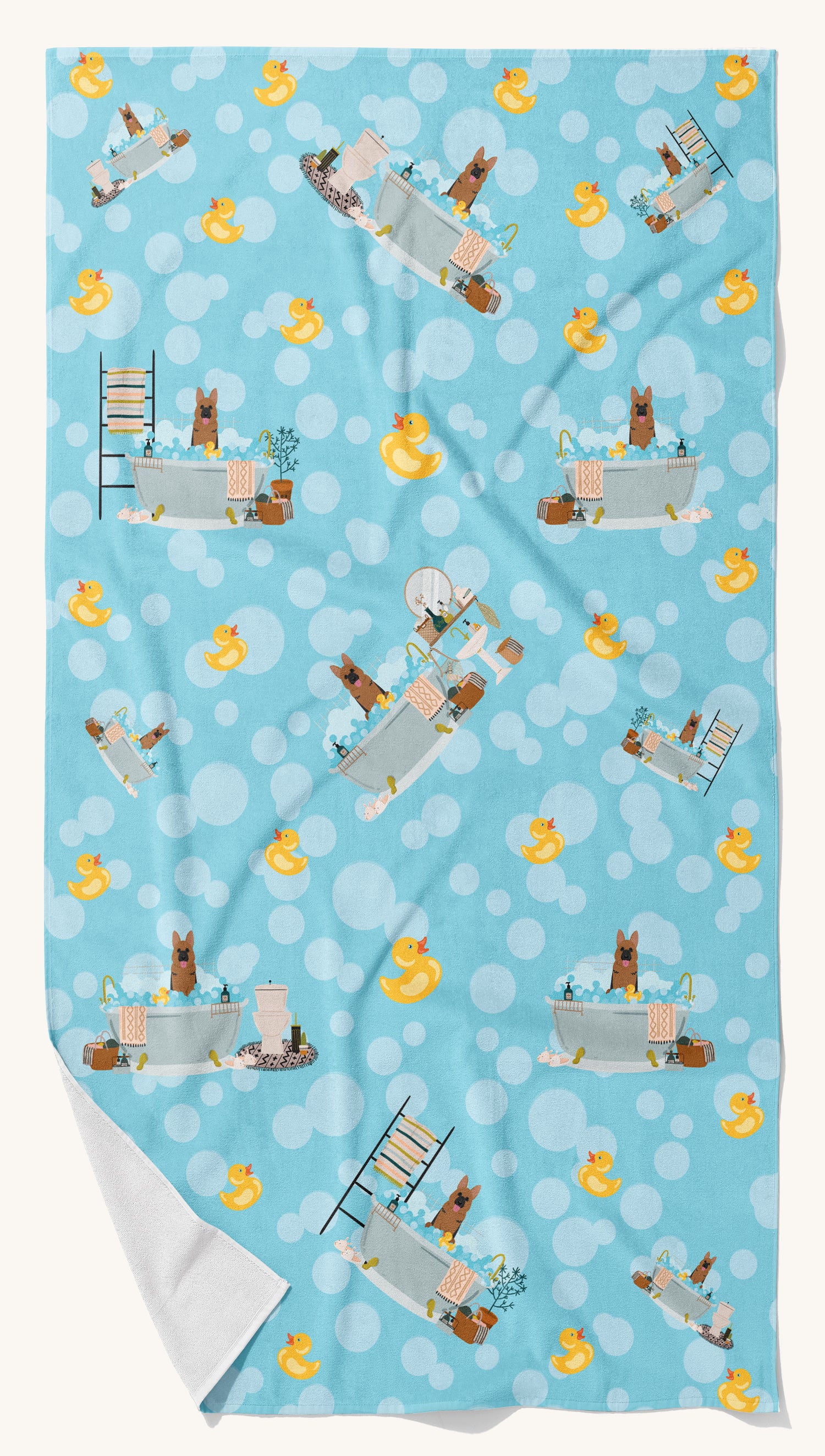 Hand-illustrated German Shepherd in Bathtub Bath Towel