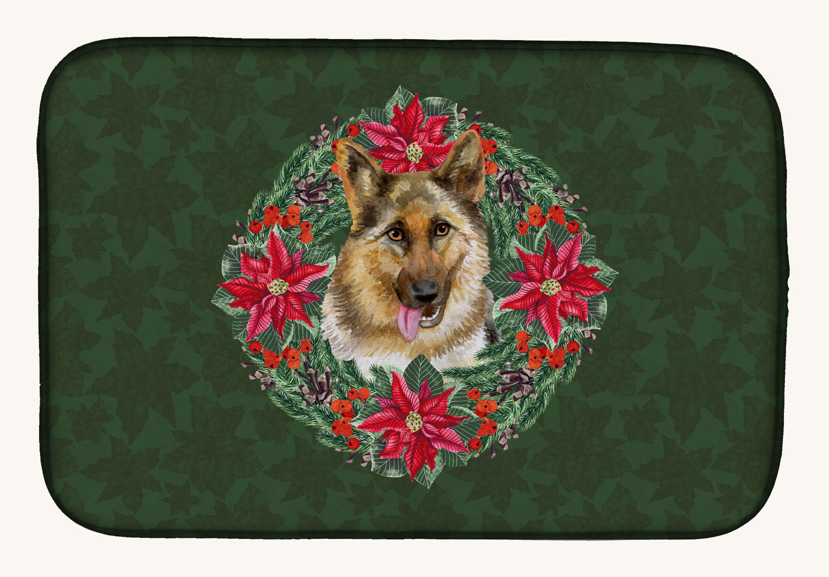 Hand-illustrated German Shepherd Poinsettia Wreath Dish Drying Mat
