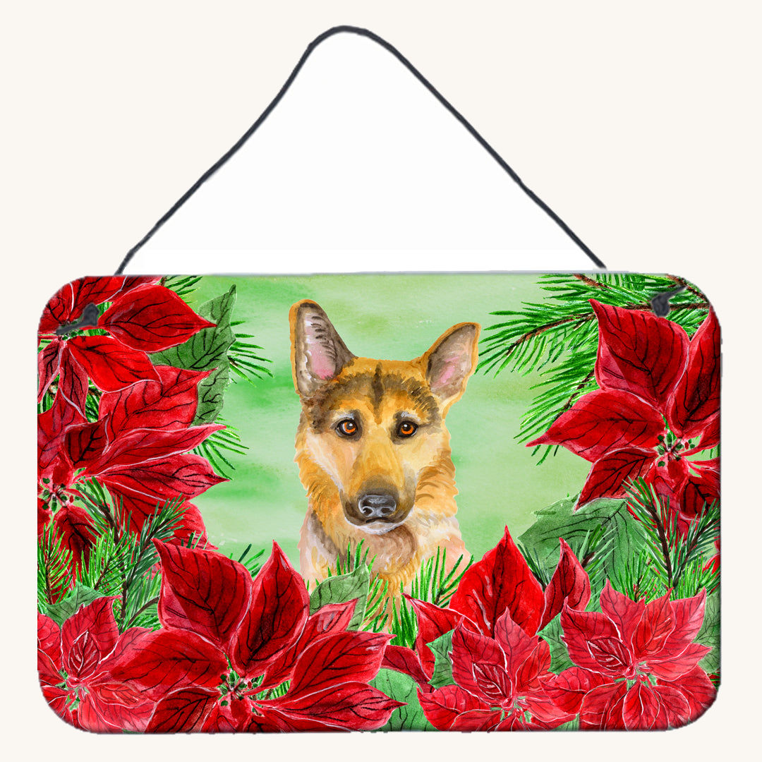 Hand-illustrated German Shepherd Poinsettias Aluminum Wall Sign