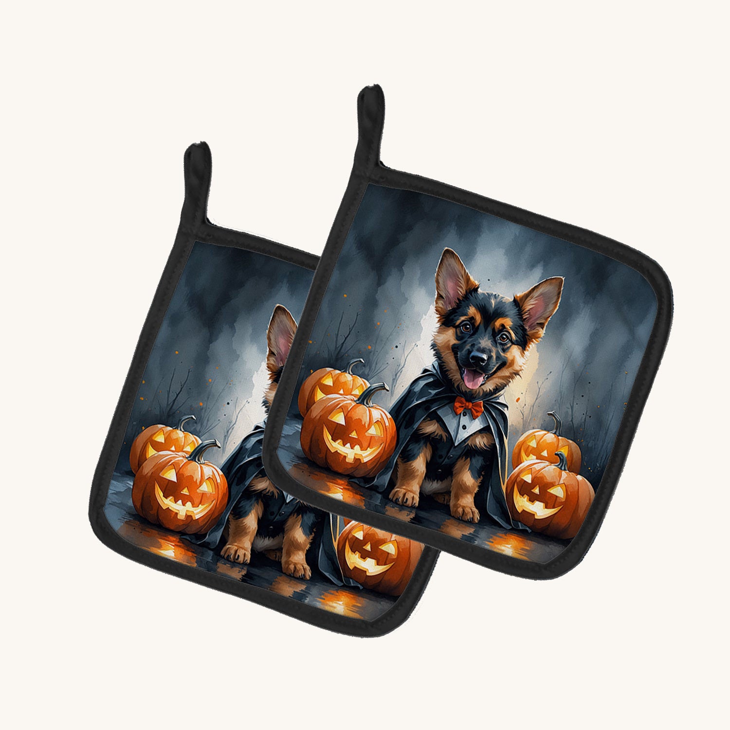Hand-illustrated German Shepherd Puppy Halloween Pot Holders