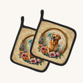 Hand-illustrated Golden Retriever and Flowers Pot Holders
