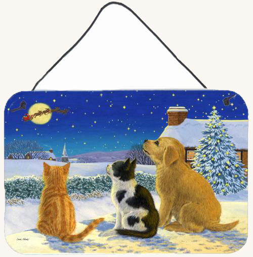Hand-illustrated Golden Retriever and Kittens Watching Santa Sign