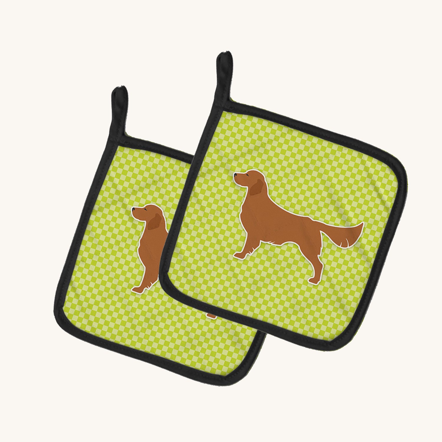 Hand-illustrated Golden Retriever Checkerboard Green Pot Holders