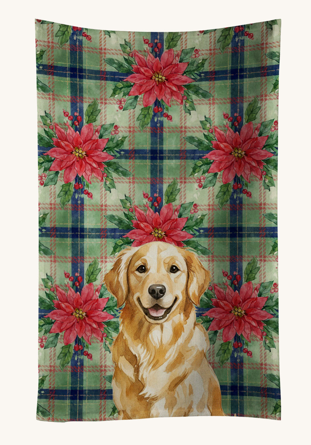 Hand-illustrated Golden Retriever Christmas Poinsettias Kitchen Towel