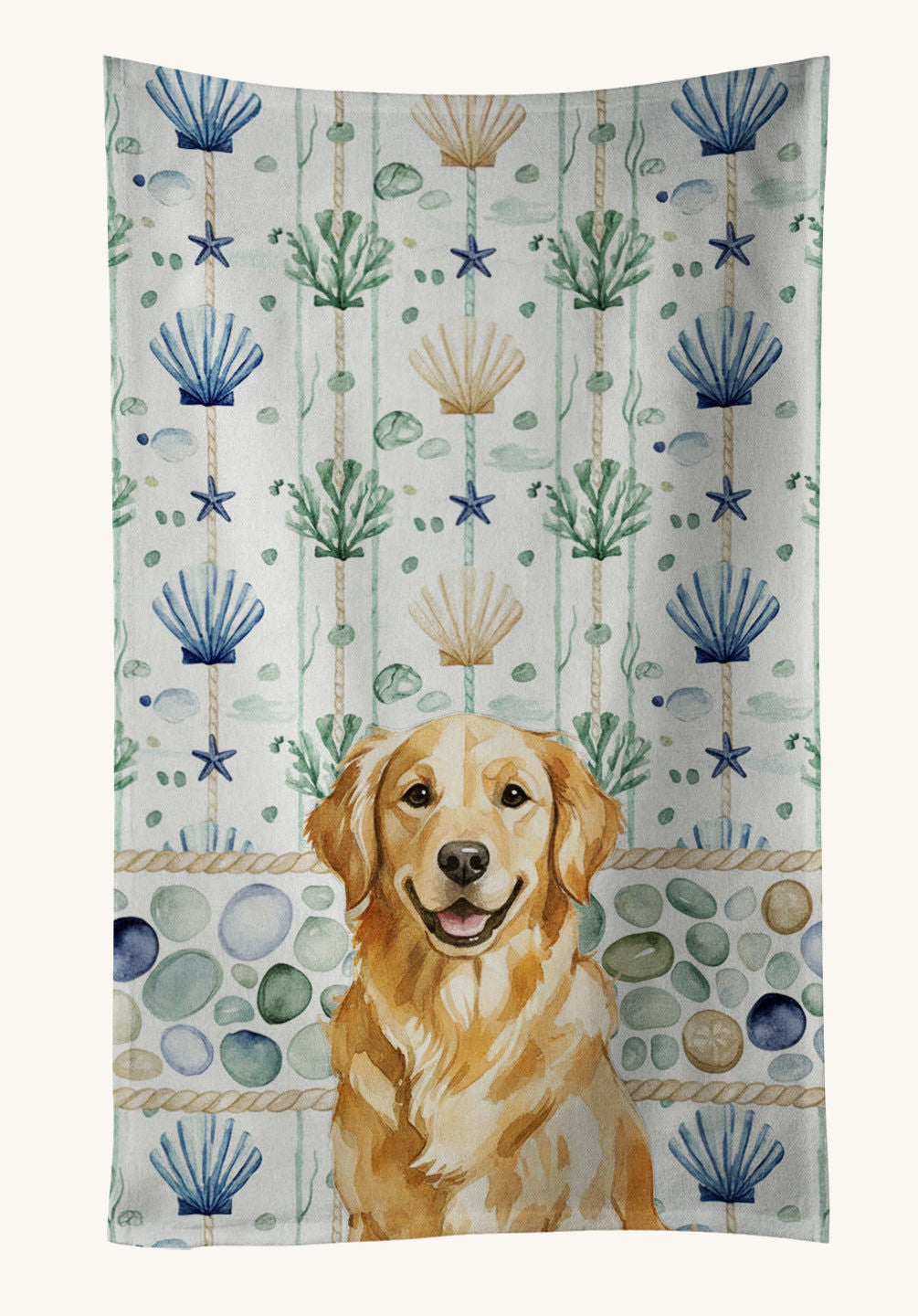 Hand-illustrated Golden Retriever Coastal Sea Glass Kitchen Towel