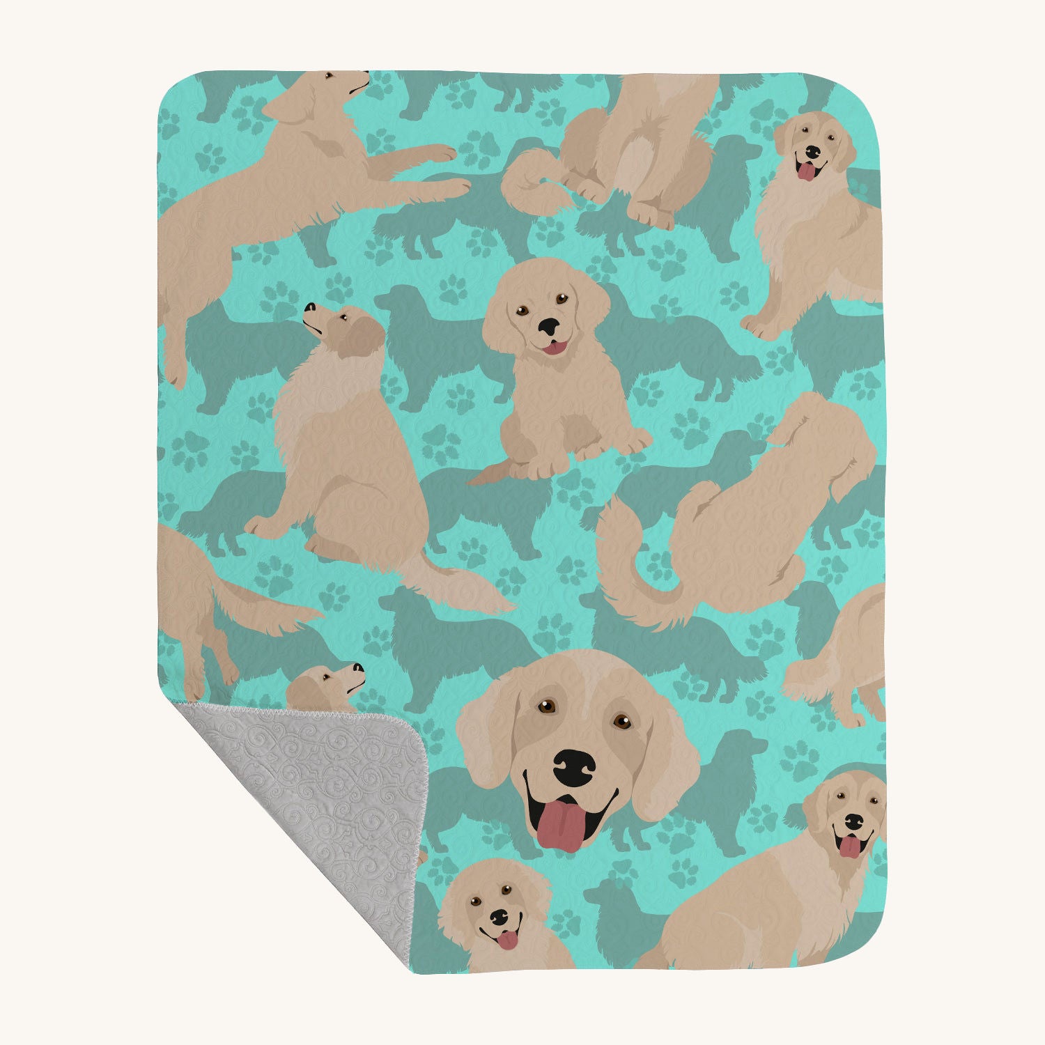 Hand-illustrated Golden Retriever Cream Quilted Throw Blanket