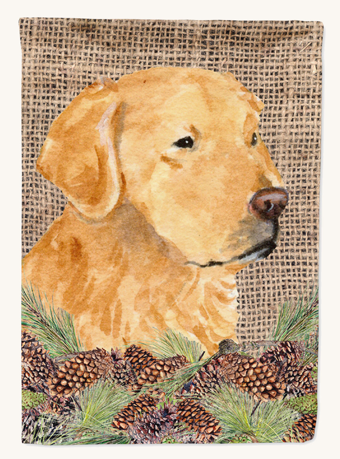 Hand-illustrated Golden Retriever Faux Burlap Pine Cones Garden Flag