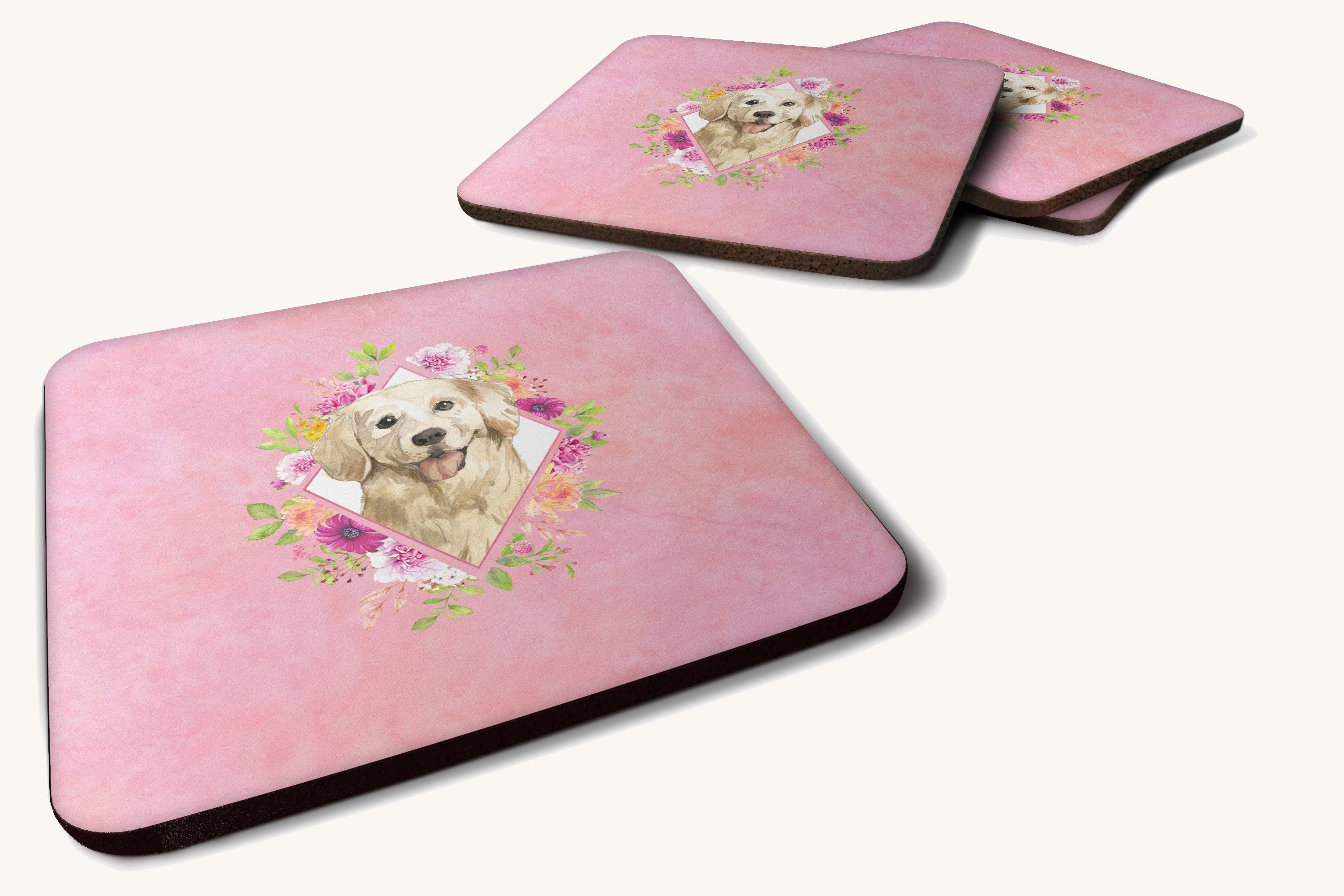 Hand-illustrated Golden Retriever Pink Flowers Foam Coaster Set