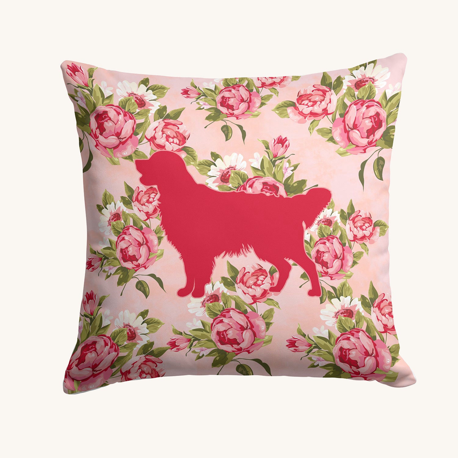 Hand-illustrated Golden Retriever Shabby Chic Pink Roses Throw Pillow