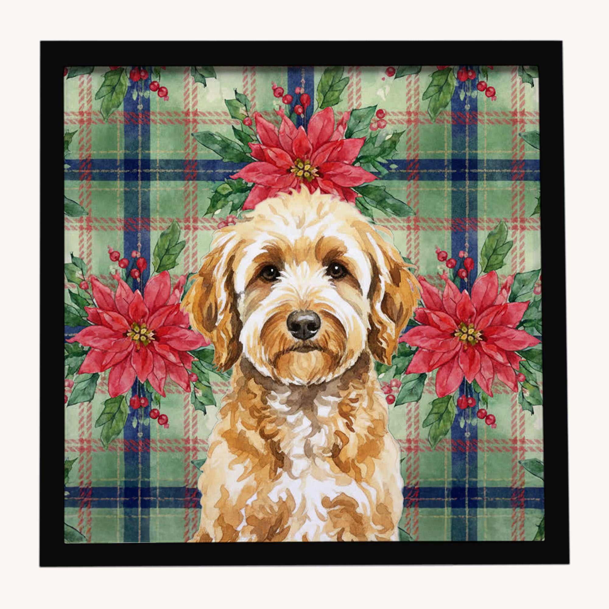 Hand-illustrated Goldendoodle Christmas Poinsettia Framed Metal Print