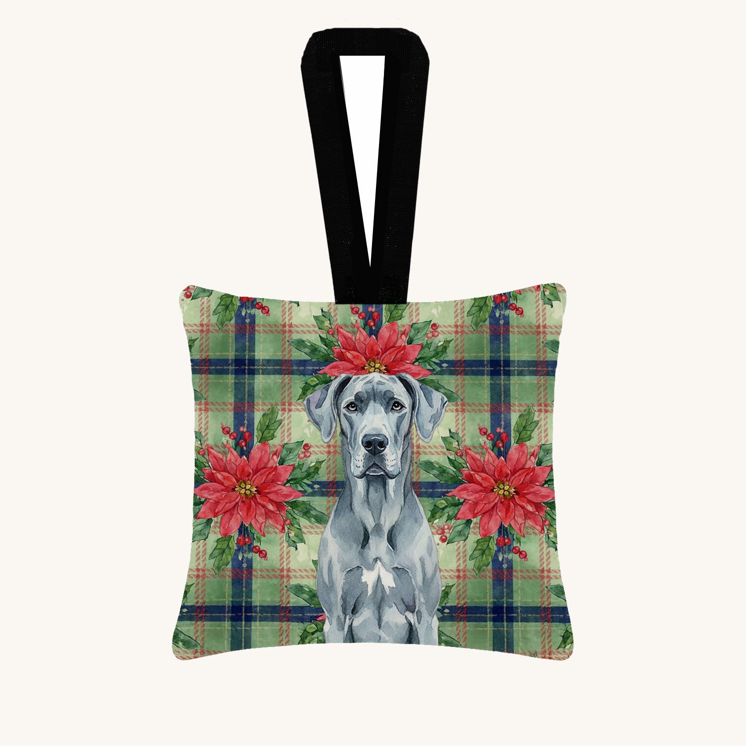Hand-illustrated Great Dane Christmas Poinsettias Fabric Ornament