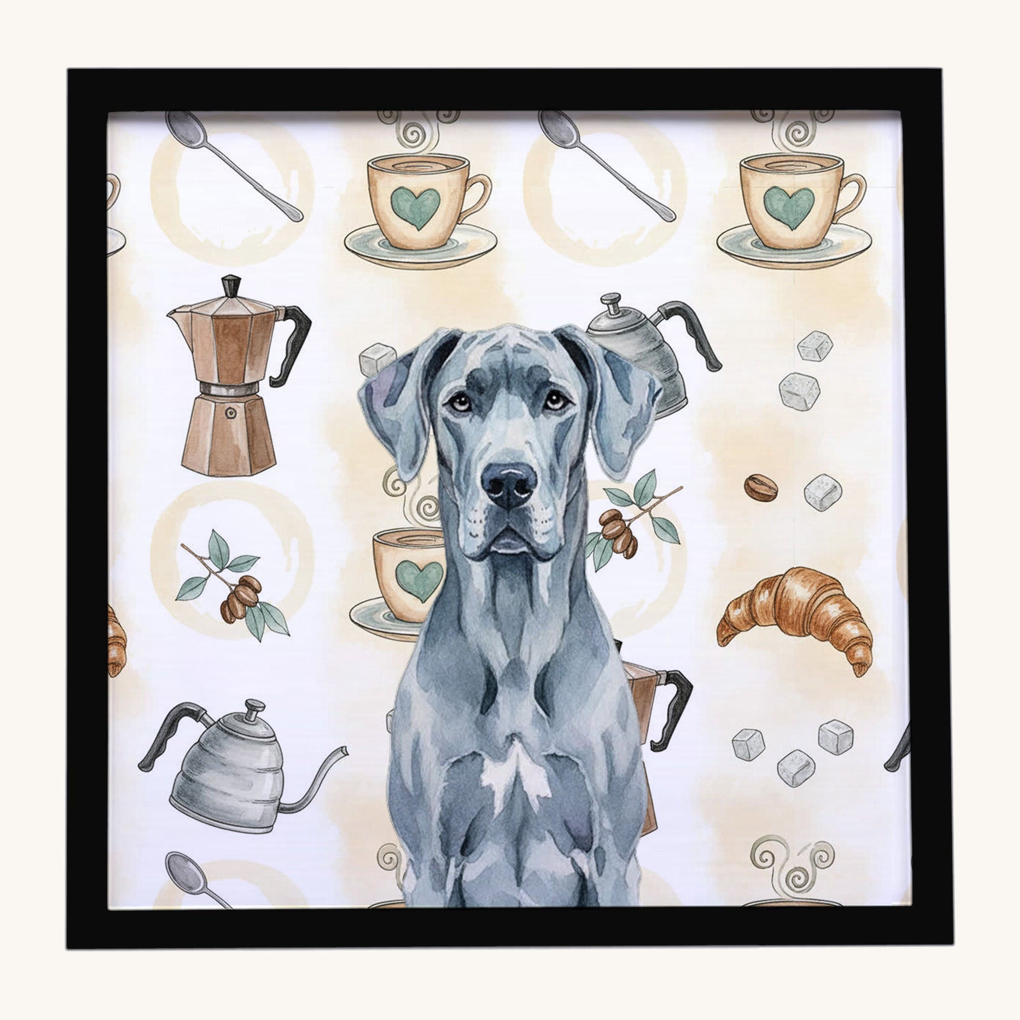 Hand-illustrated Great Dane Coffee Bar Framed Metal Print
