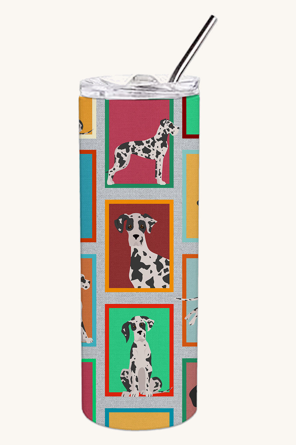 Hand-illustrated Great Dane Harlequin Insulated Skinny Tumbler