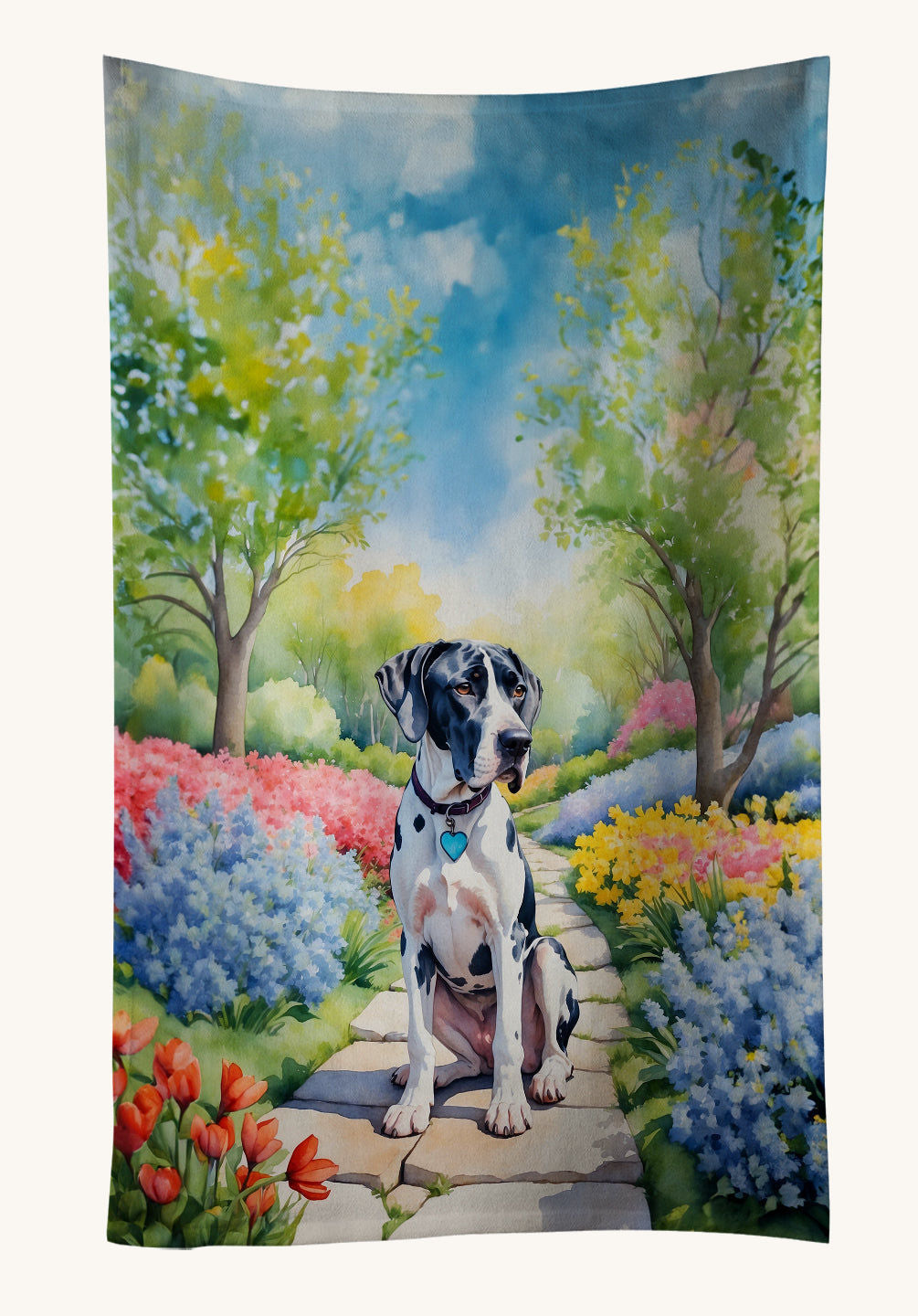 Hand-illustrated Great Dane Spring Path Kitchen Towel