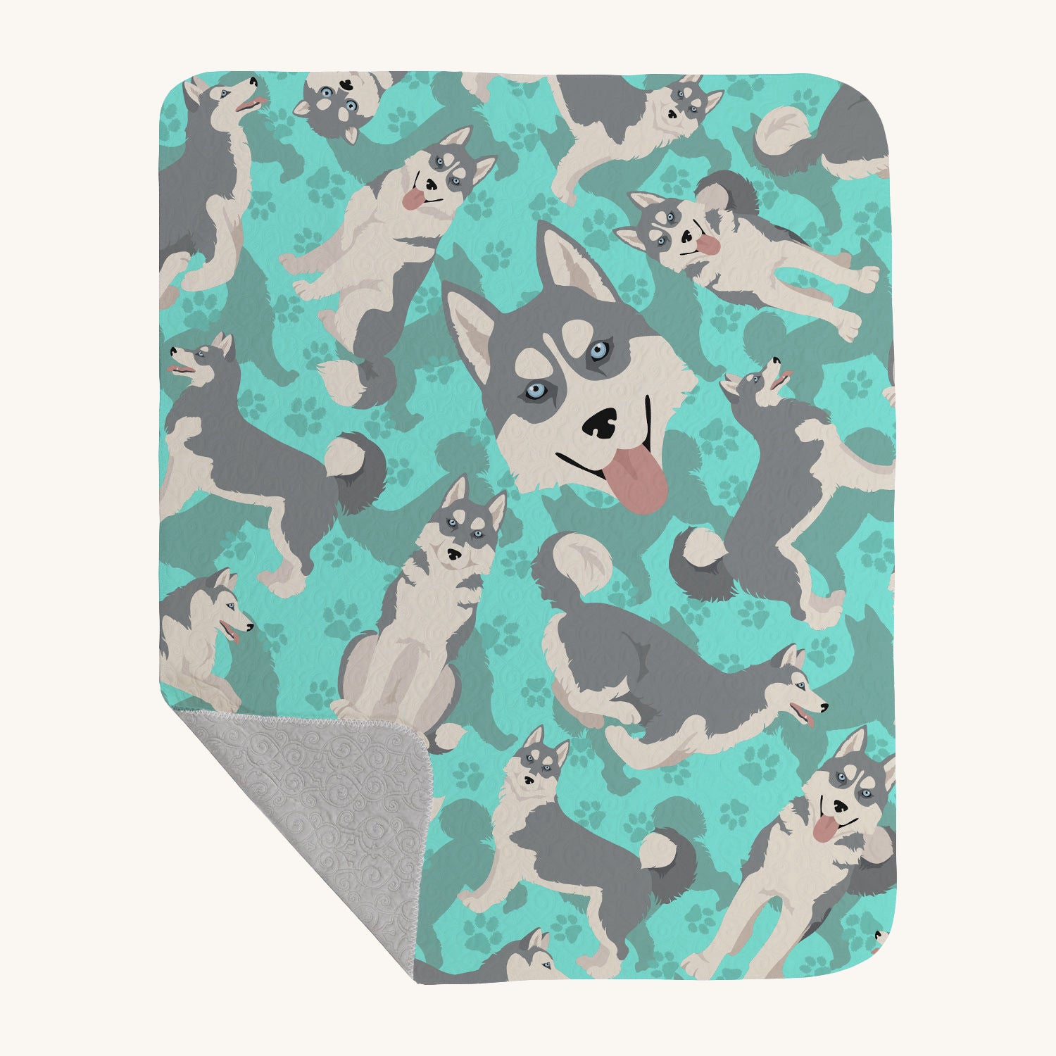Hand-illustrated Grey Siberian Husky Quilted Blanket