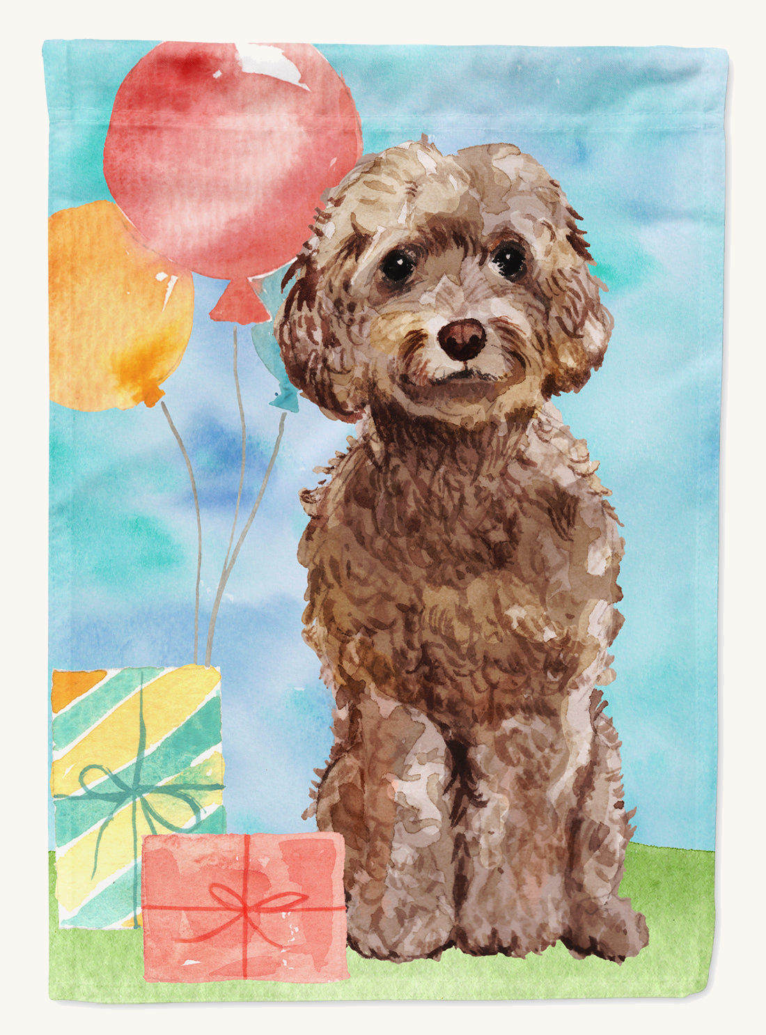Hand-illustrated Happy Birthday Brown Cockapoo House Flag