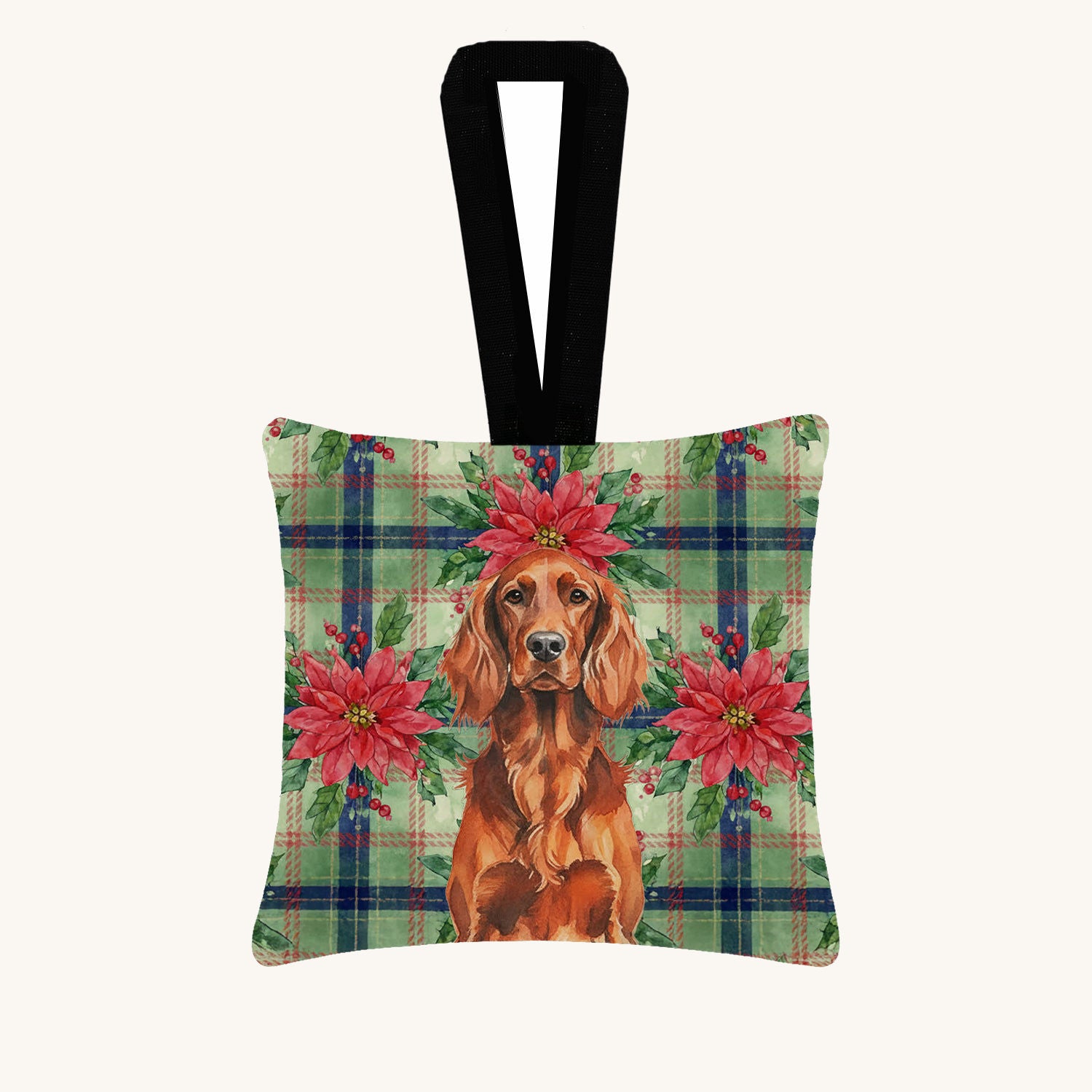Hand-illustrated Irish Setter Christmas Poinsettias Hanging Fabric Ornament