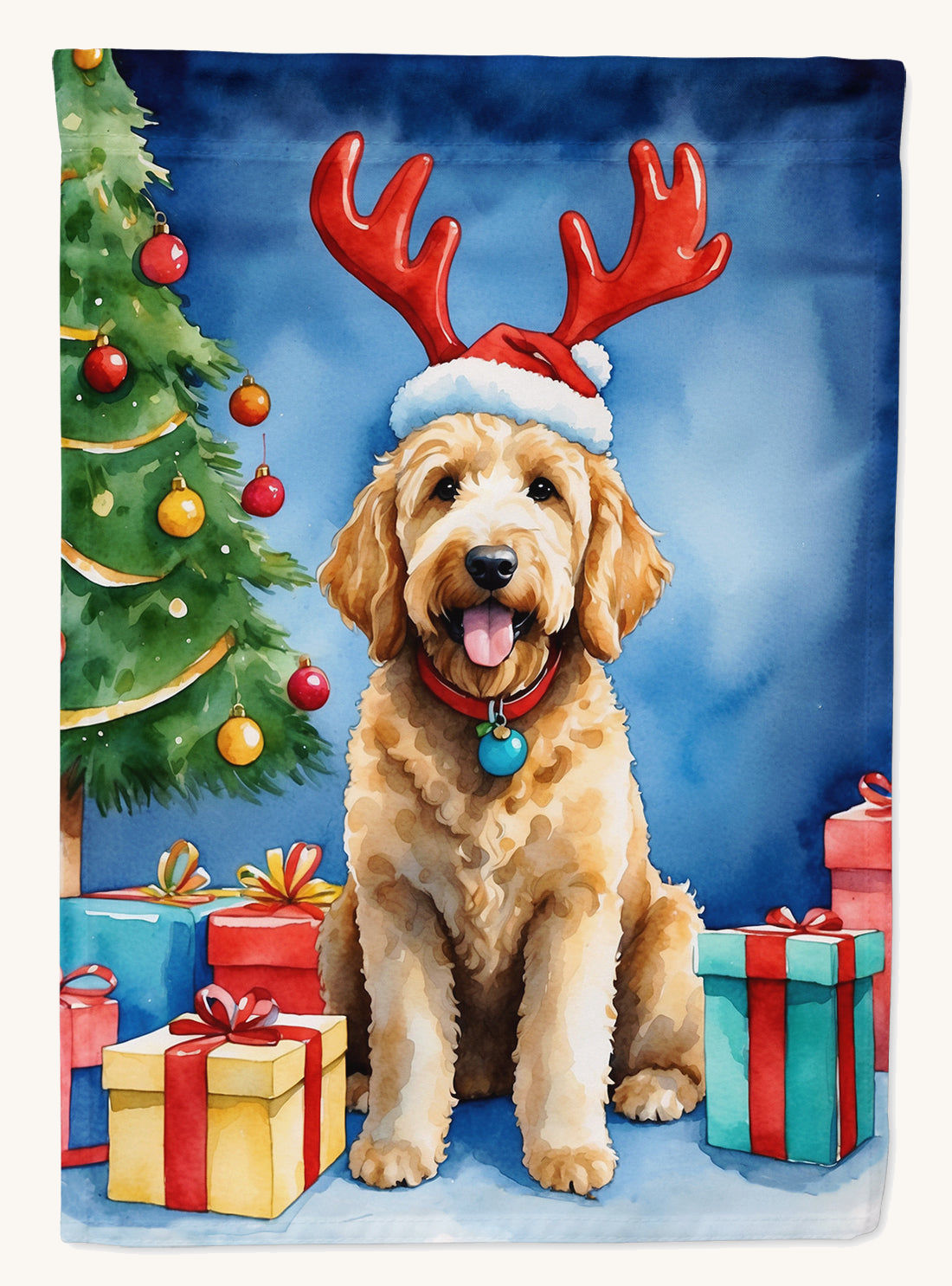 Hand-illustrated Labradoodle Christmas Reindeer House Flag