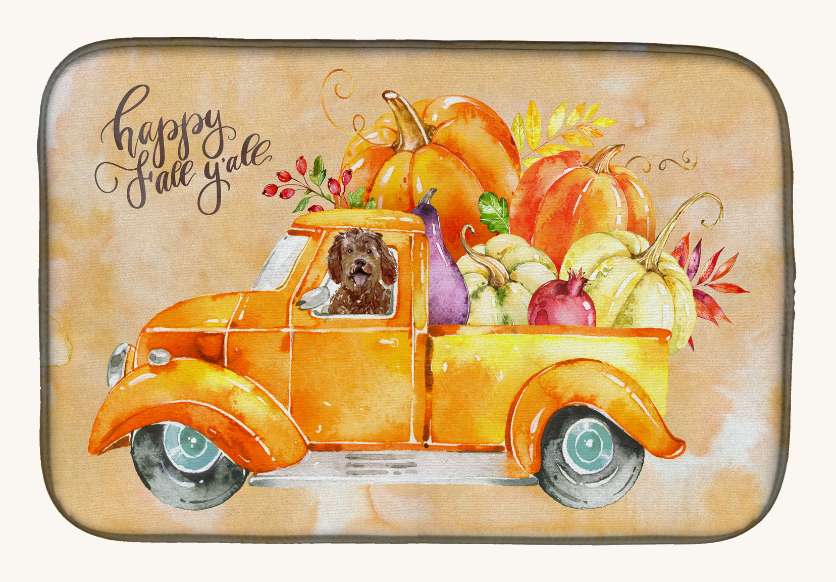 Hand-illustrated Labradoodle Fall Harvest Dish Drying Mat