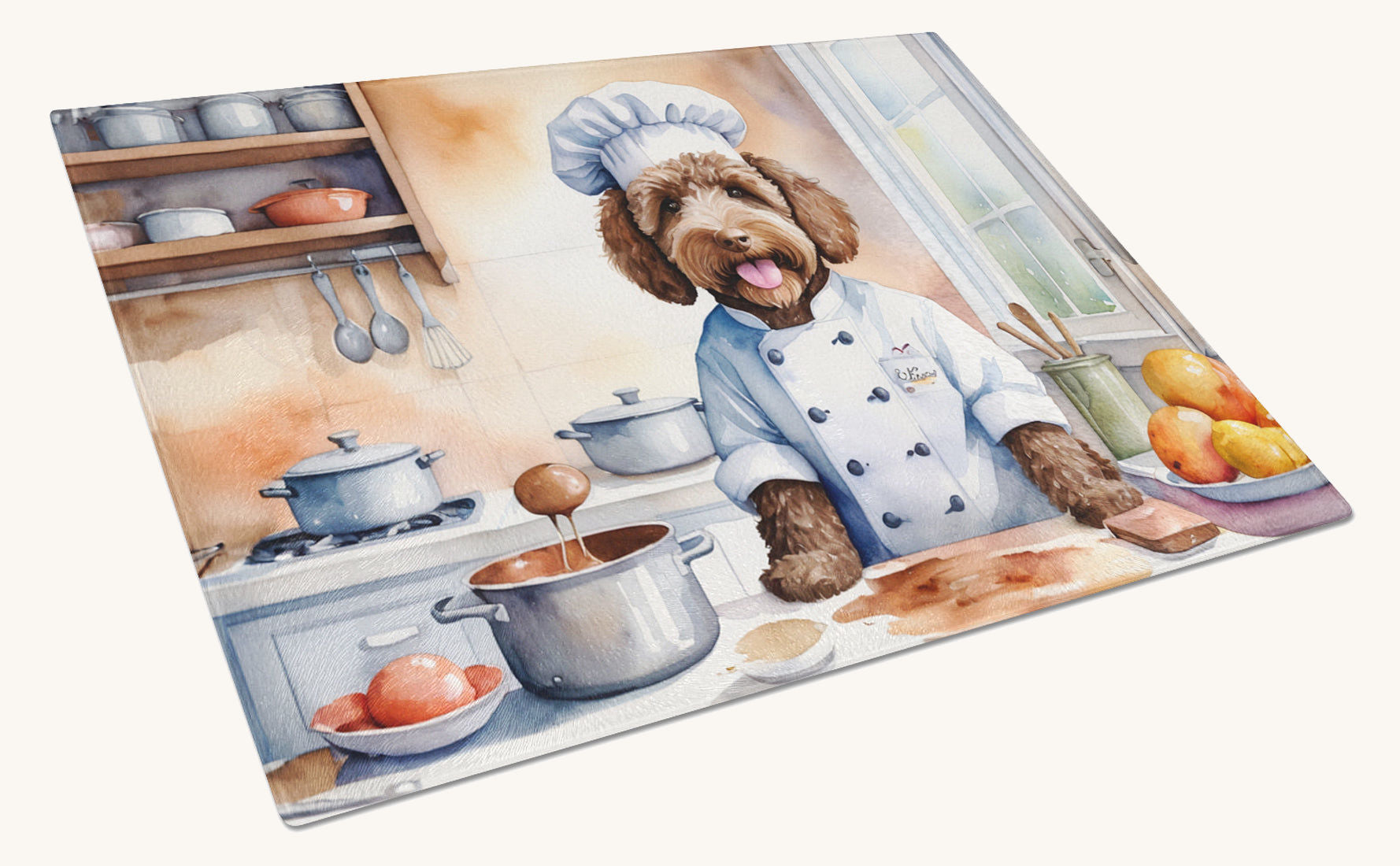 Hand-illustrated Labradoodle The Chef Glass Cutting Board