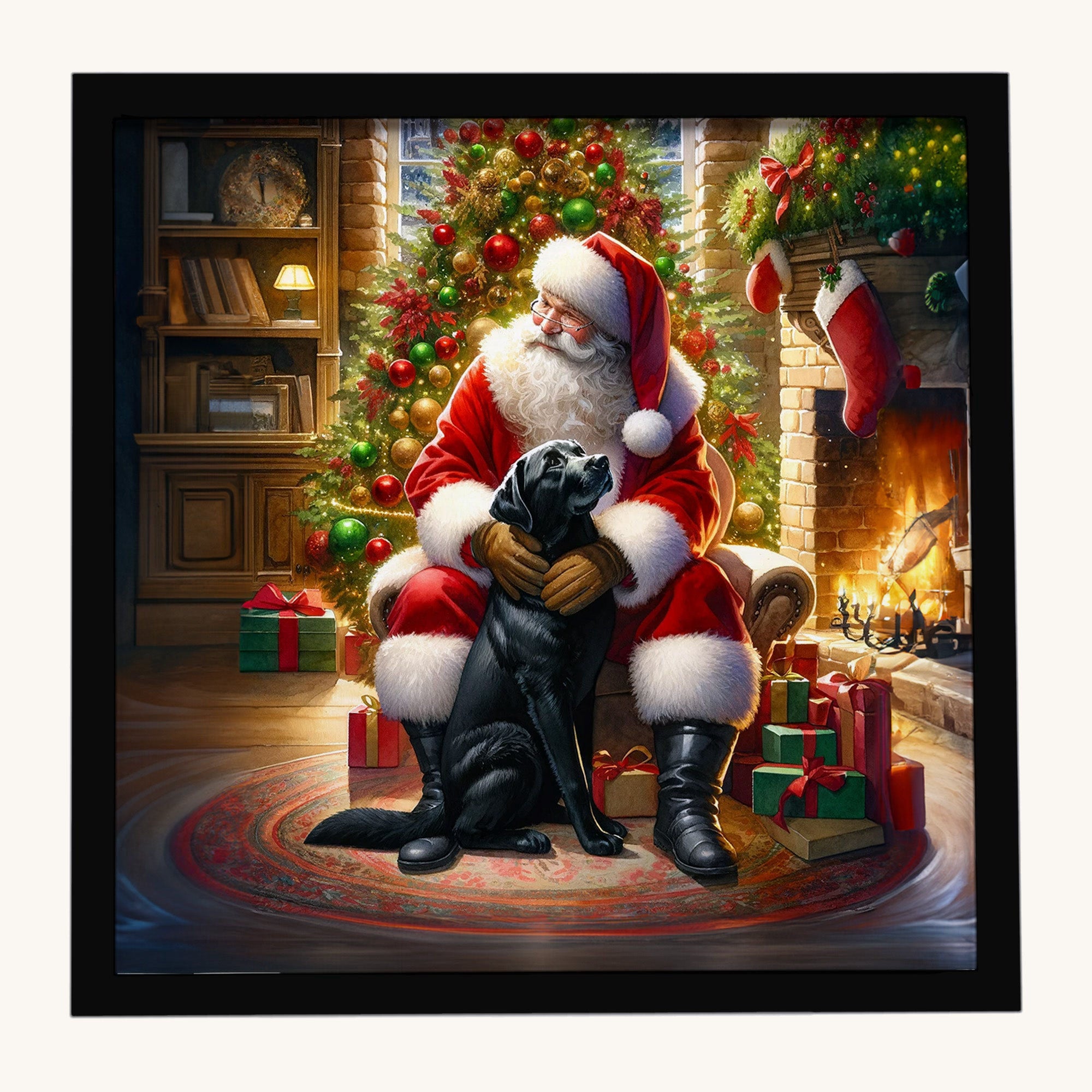 Hand-illustrated Labrador and Santa Claus Framed Metal Print