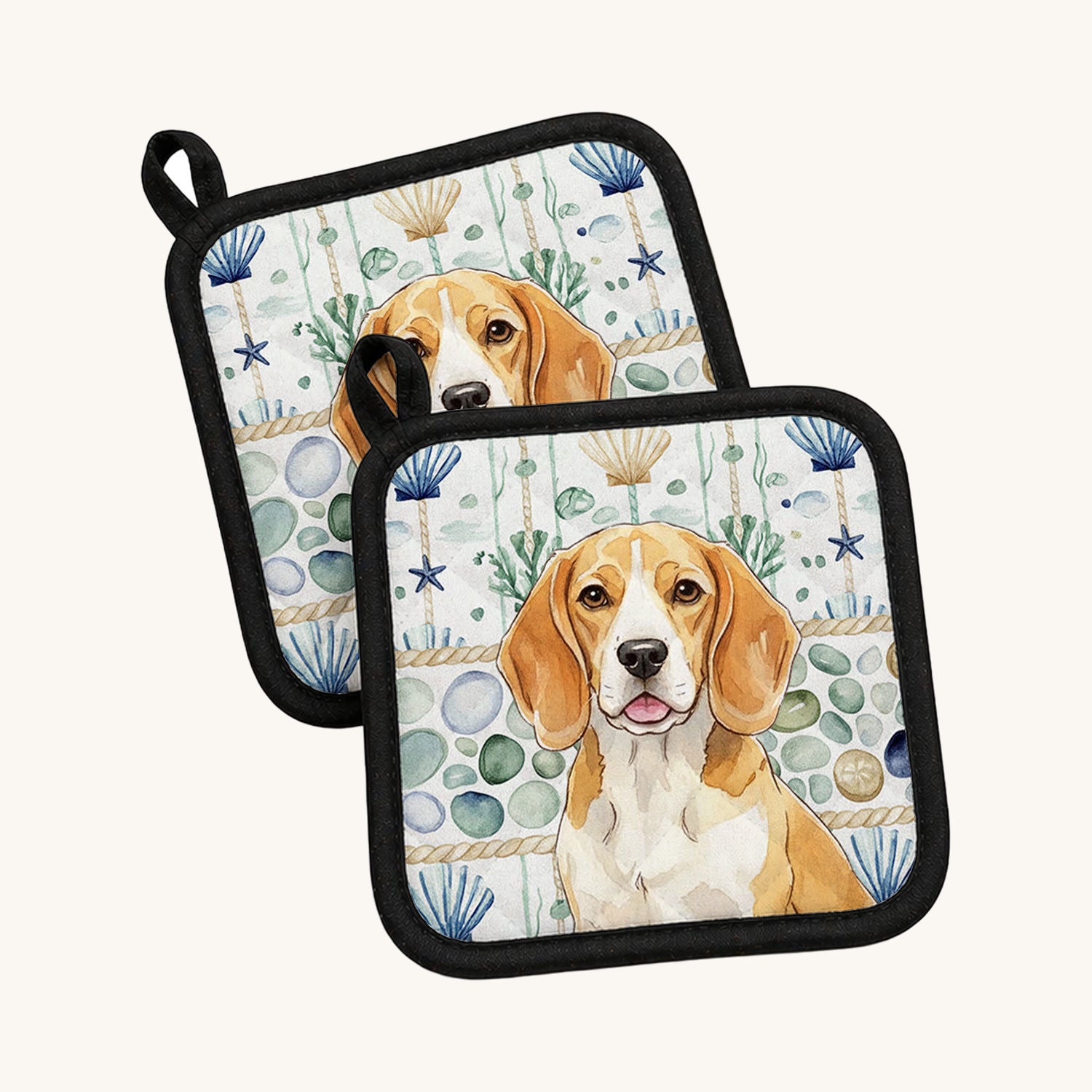 Hand-illustrated Lemon and White Beagle Coastal Sea Glass Pot Holders