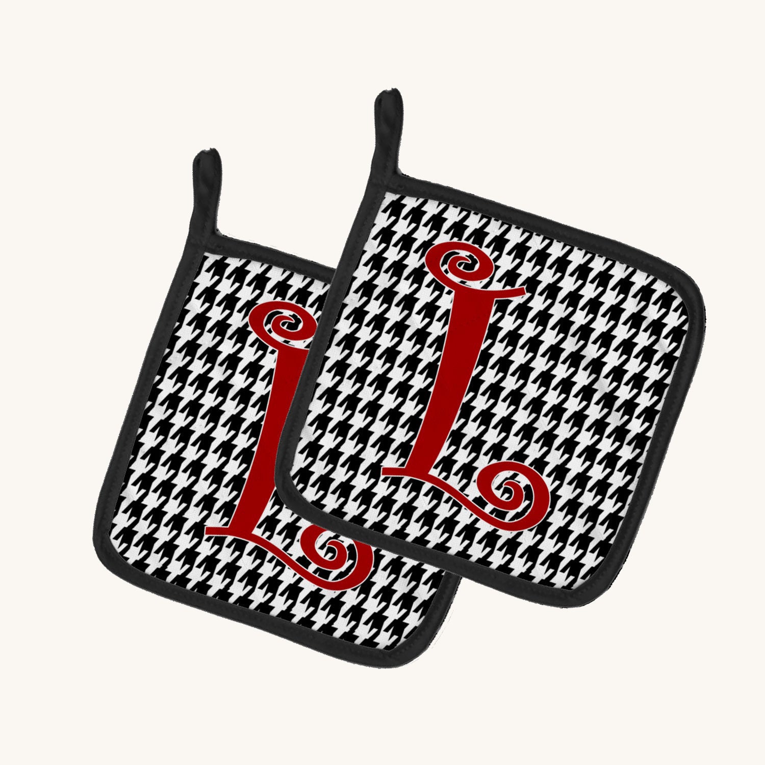 Hand-illustrated Letter L Houndstooth Monogram Pot Holder Pair