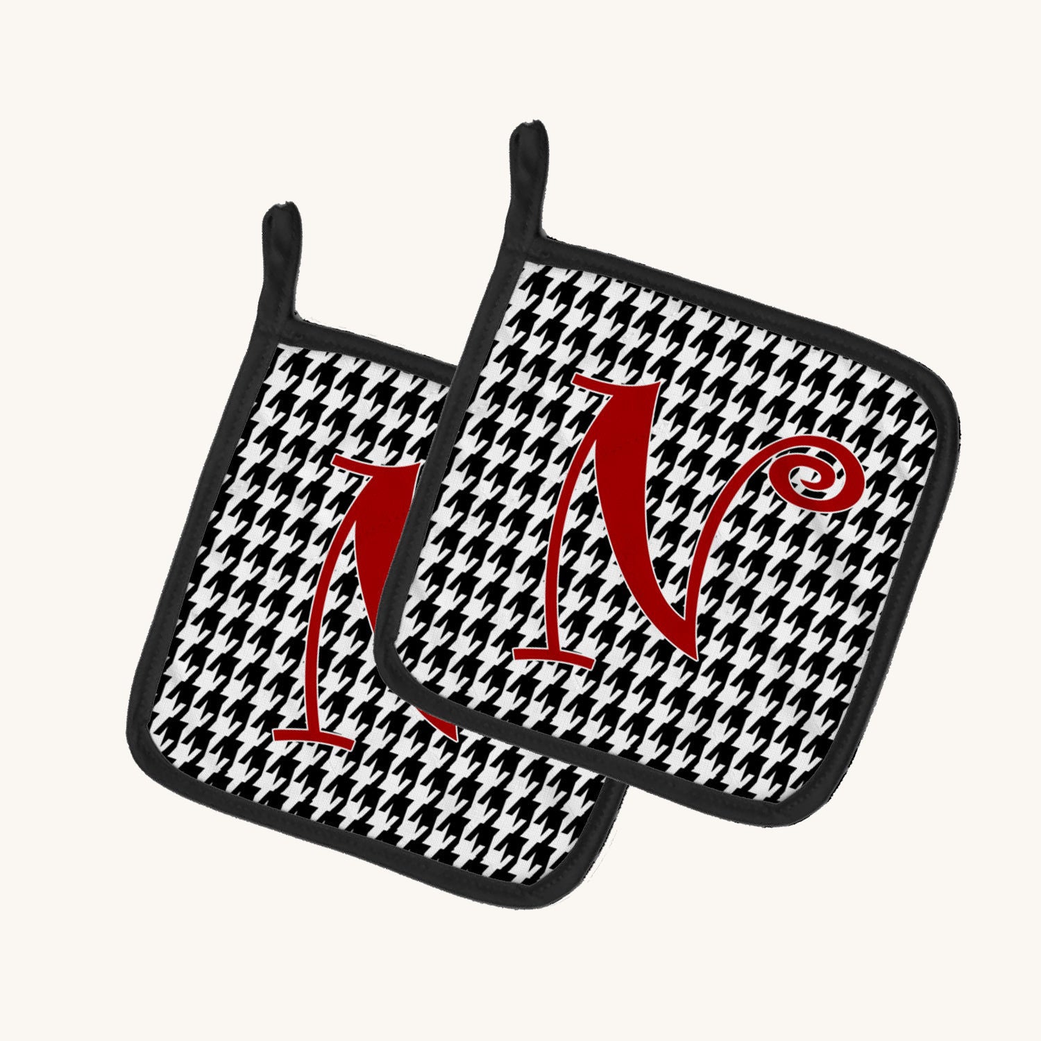 Hand-illustrated Letter N Houndstooth Monogram Pot Holder Pair