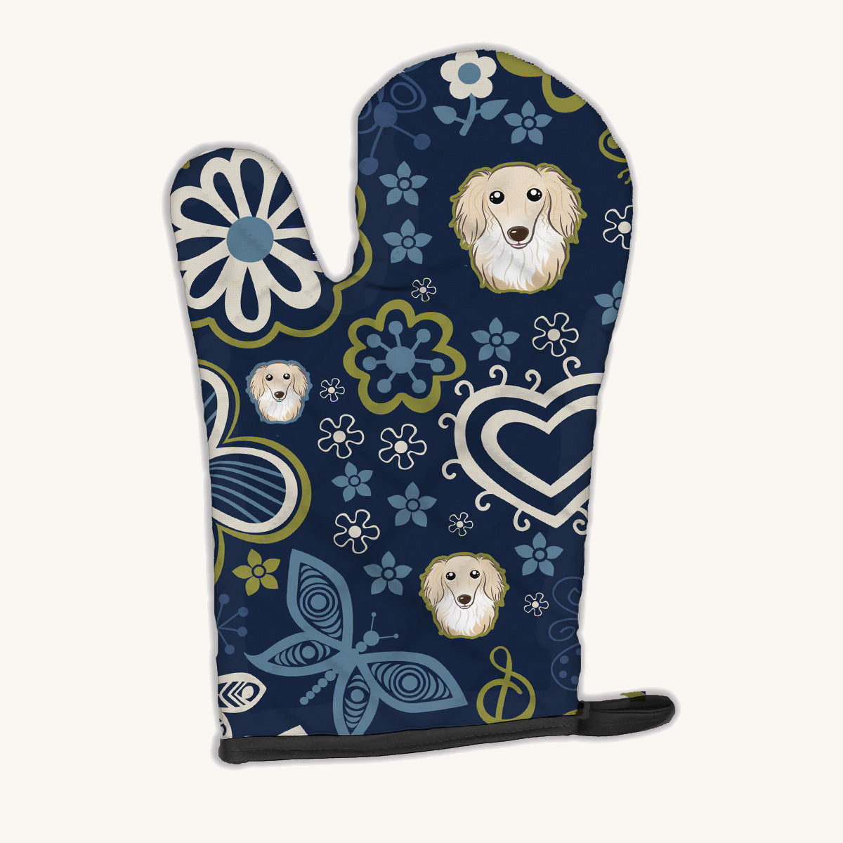 Hand-illustrated Longhair Cream Dachshund Blue Flowers Oven Mitt
